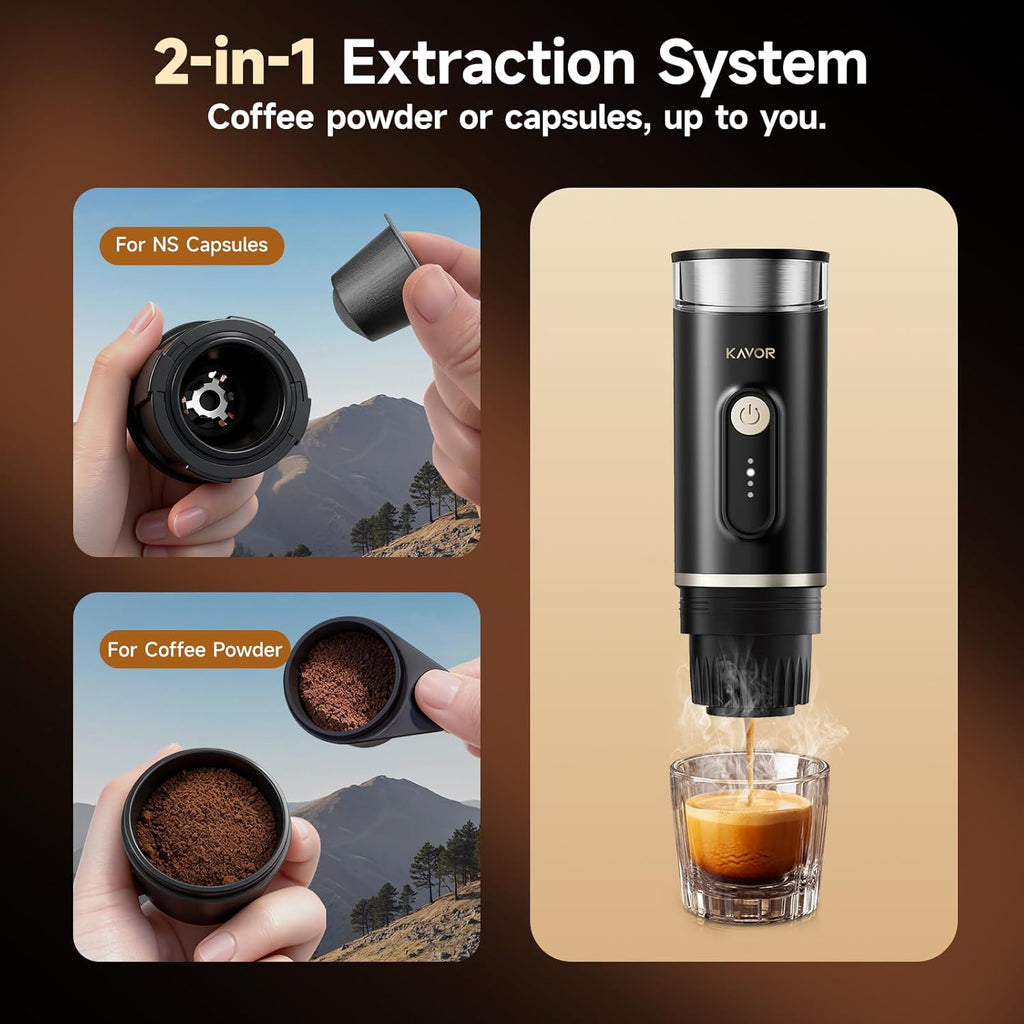 Portable Espresso Machine, 2-in-1 Travel Coffee Maker | 7800mAh battery, hot/cold brew with fast self-heat, for camping RV hiking office, compatible with ground coffee & NS capsules