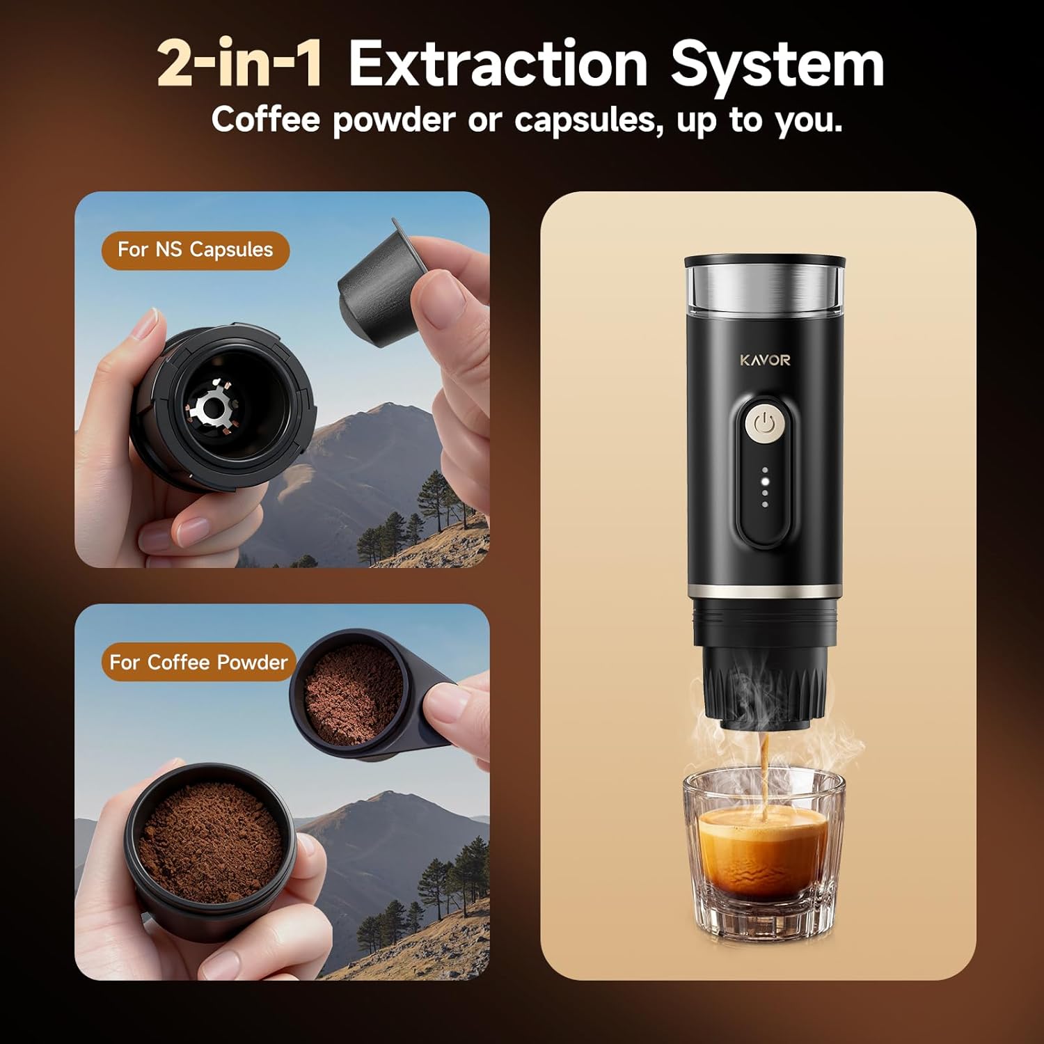 Portable Espresso Machine, 2-in-1 Travel Coffee Maker | 7800mAh battery, hot/cold brew with fast self-heat, for camping RV hiking office, compatible with ground coffee & NS capsules