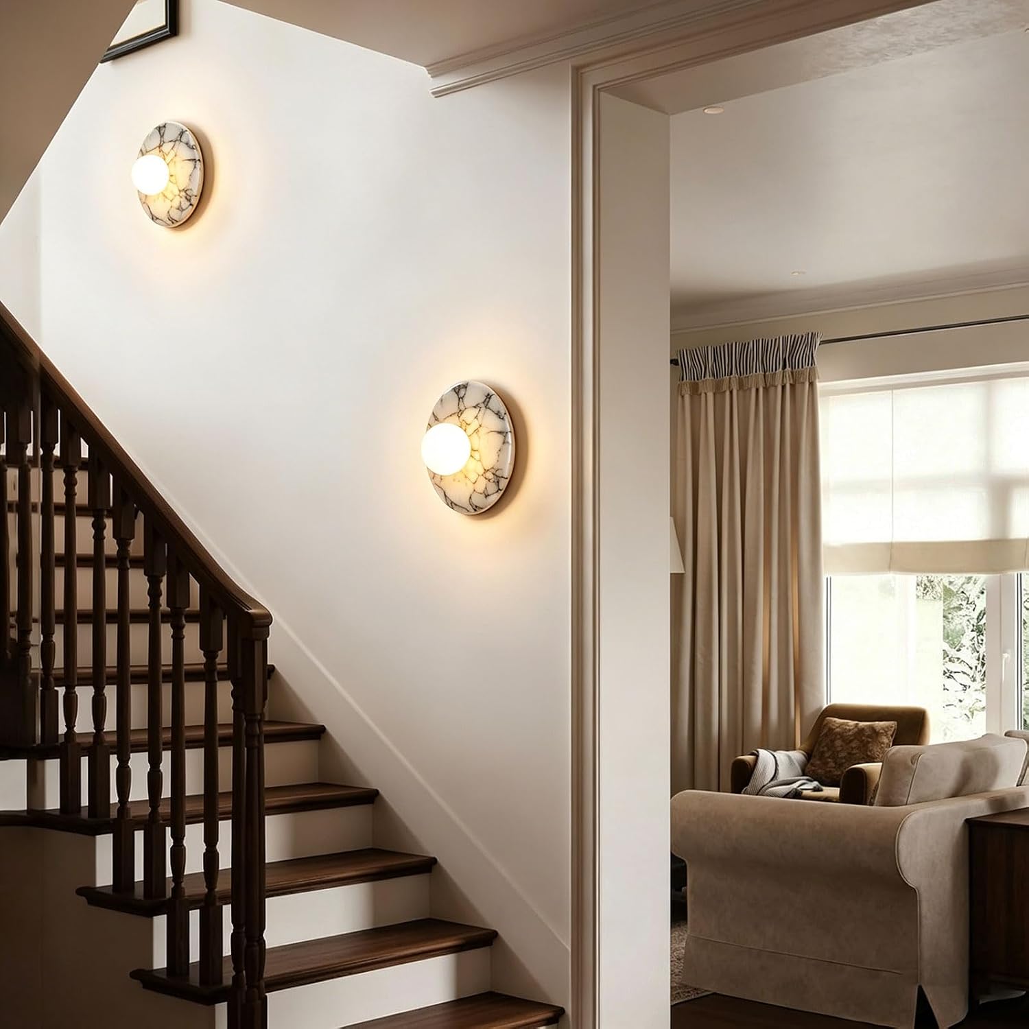Natural Alabaster Wall Sconce Round Marble Sconce Bathroom Vanity Light | Modern Marble Stone Wall Mount Lamp with Glass Globe Hardwired Wall Light for Living Room Dining Room Stair Bedroom Hallway
