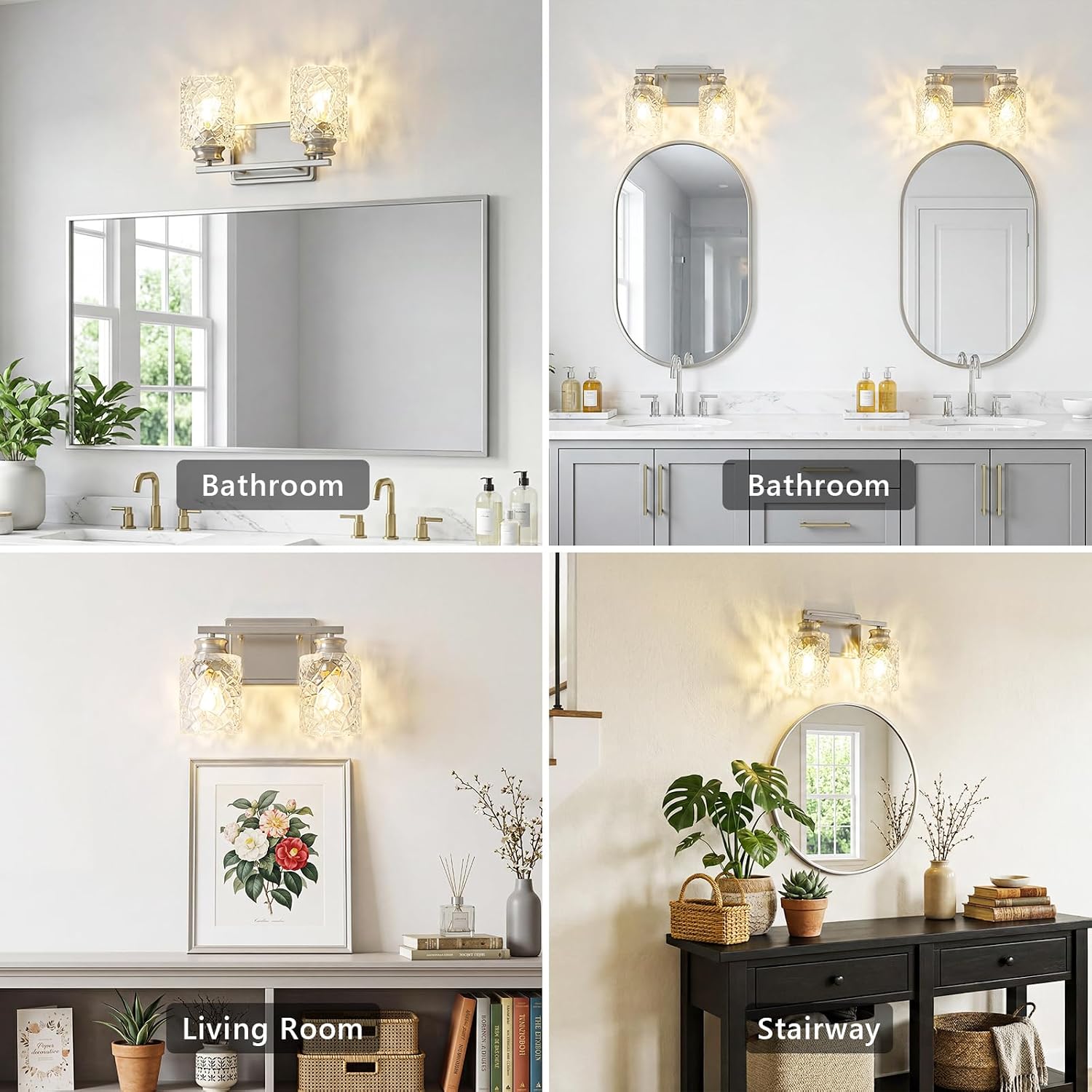 2-Light Brushed Nickel Bathroom Light Fixture | Geometric Crackled Glass Farmhouse Bathroom Lighting for Living Room Bedroom Sink Over Mirror