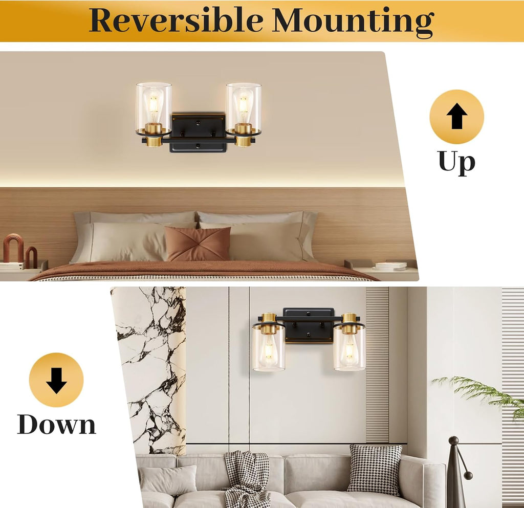 Bathroom Light Fixtures, 2-Light Black and Gold Vanity Lights for Bathroom | Bathroom Vanity Light with Clear Glass Shade, Modern Bathroom Lighting Fixtures Over Mirror for Bedroom Hallway Living Room