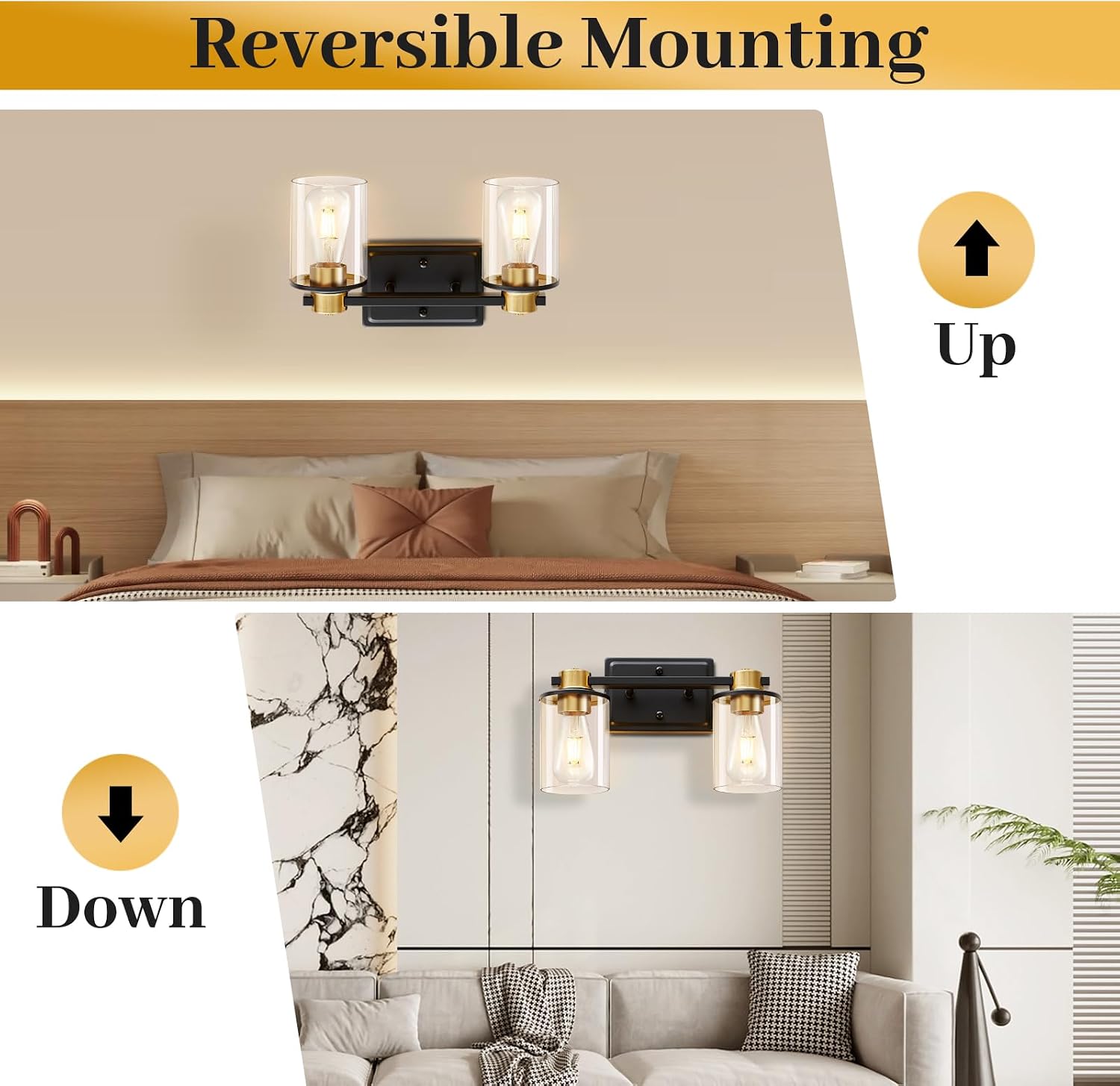 Bathroom Light Fixtures, 2-Light Black and Gold Vanity Lights for Bathroom | Bathroom Vanity Light with Clear Glass Shade, Modern Bathroom Lighting Fixtures Over Mirror for Bedroom Hallway Living Room