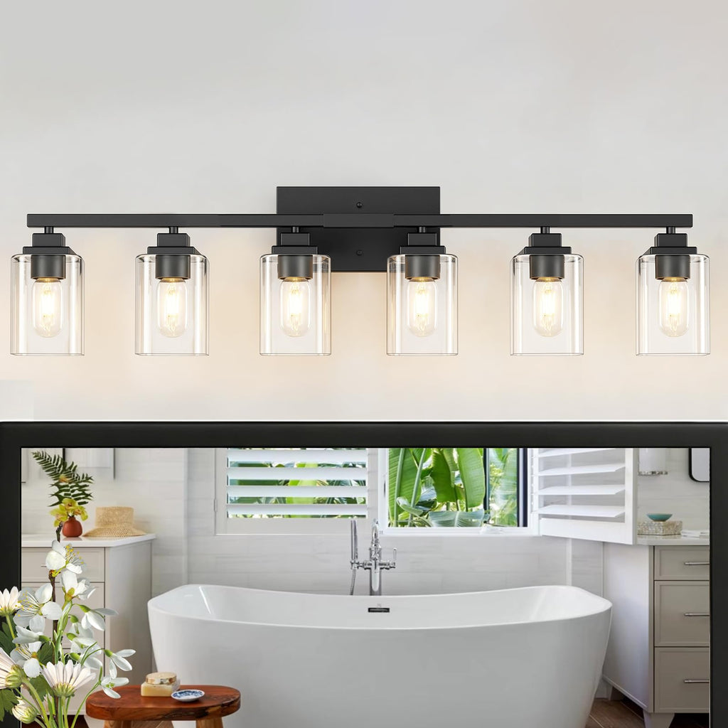 Matte Black Bathroom Vanity Light, 3-Light Modern Vanity Lighting Fixtures Over Mirror with Clear Glass Shade,Square Design,Wall Sconces for Living Room Cabinet Bedroom,E26 Socket