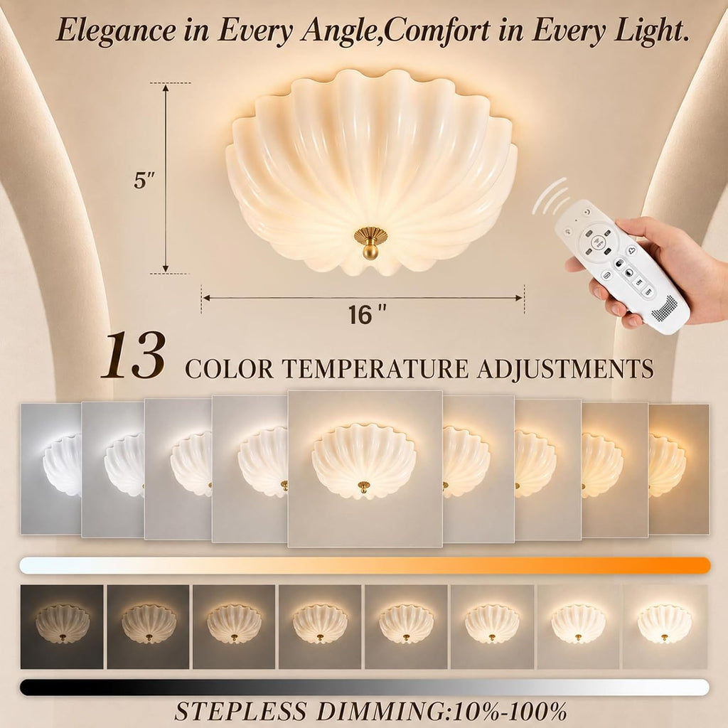 Gold Flush Mount Ceiling Light - 16″ Dimmable LED Milk Glass Light Fixture | Handcrafted Opal Glass and Solid Brass Light with Remote Control - A Luxury Choice for Bedroom Hallway Schoolhouse and Foyer