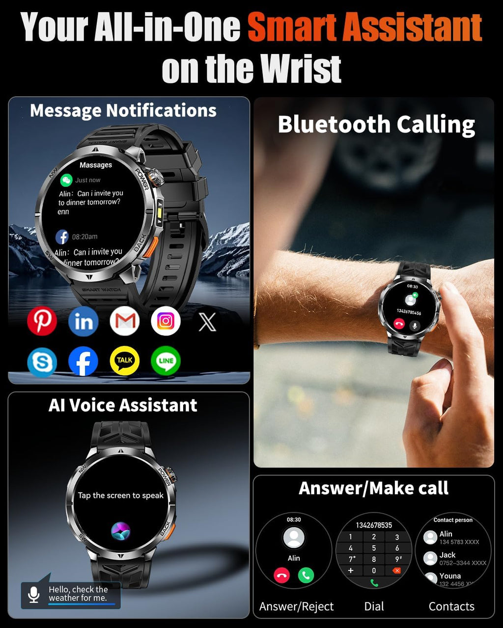 Military Smart Watch for Men, 1.6" AMOLED Screen, Health Monitoring, Sleep Tracker, Fitness smart Watch for Android/iOS
