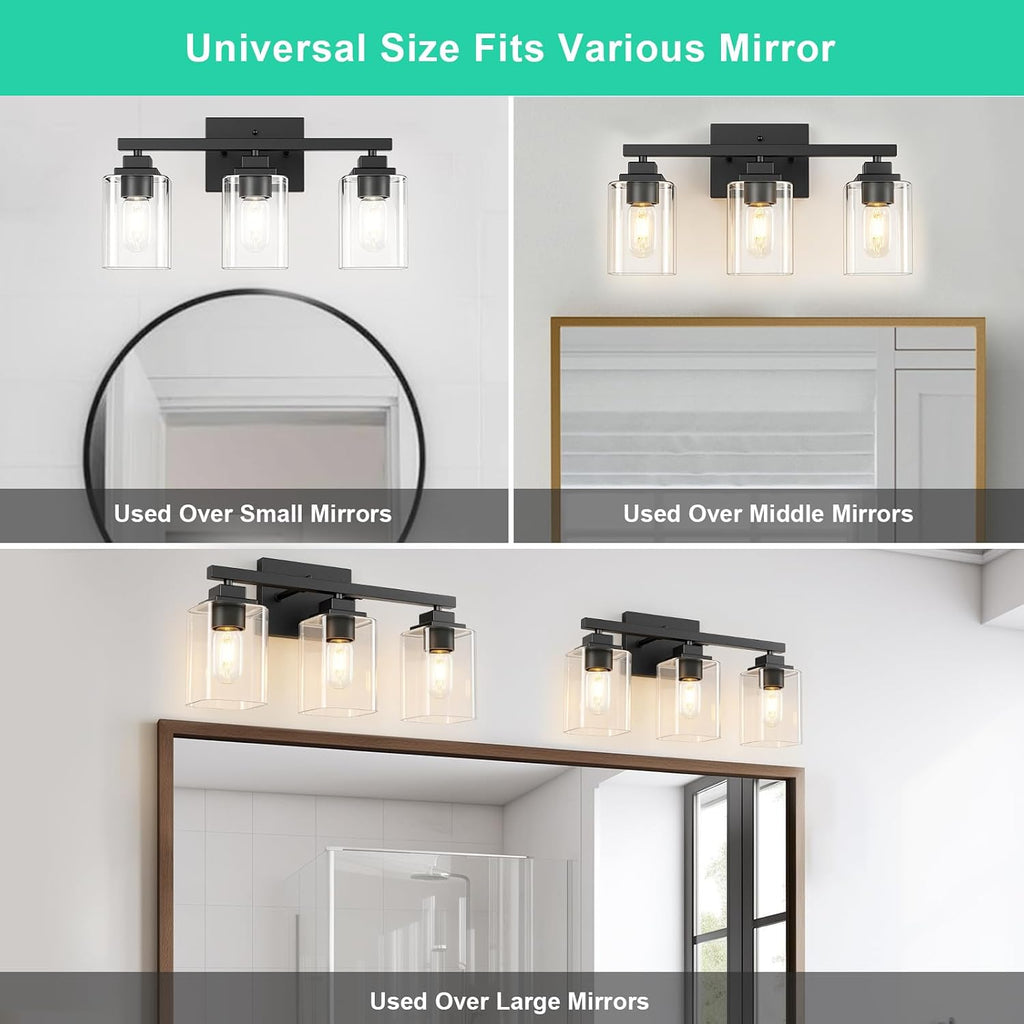 Matte Black Bathroom Vanity Light, 3-Light Modern Vanity Lighting Fixtures Over Mirror with Clear Glass Shade,Square Design,Wall Sconces for Living Room Cabinet Bedroom,E26 Socket