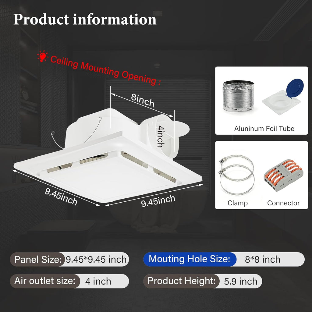 Bathroom Exhaust Fan with LED Light 125 CFM, 9.5" Panel, 0.7 Sone Low Noise，Cutout Size 8"x8"，Duct 4 Inch Quiet Bath Ceiling Vent Fan Combo with 6500K 1200LM LED Light, for Bathroom, Laundry, Shower