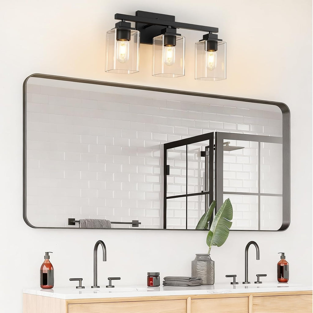 Matte Black Bathroom Vanity Light, 3-Light Modern Vanity Lighting Fixtures Over Mirror with Clear Glass Shade,Square Design,Wall Sconces for Living Room Cabinet Bedroom,E26 Socket