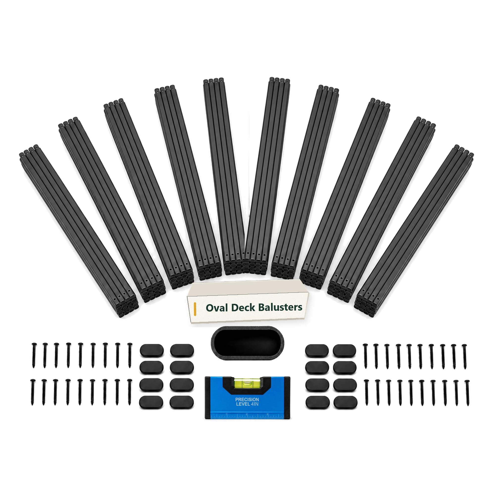 ZONEGRACE 100 Pack 38 Inch Metal Deck Balusters, Smooth Oval Black Railing Spindles and Pickets for Face Mount Wood Porch Rails, with Bubble Level Spacing Gauge, Pre-Installed End Plugs and Screws