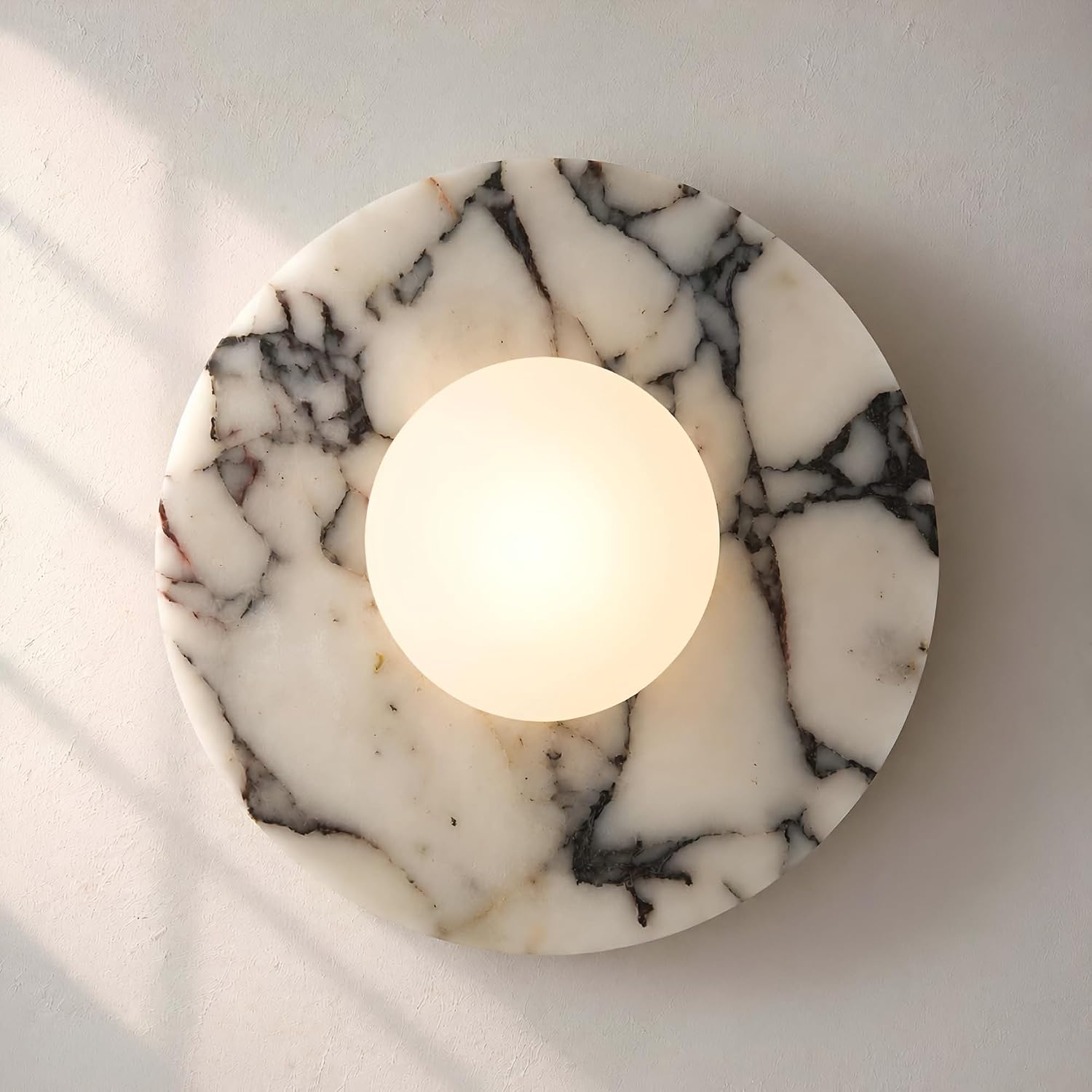 Natural Alabaster Wall Sconce Round Marble Sconce Bathroom Vanity Light | Modern Marble Stone Wall Mount Lamp with Glass Globe Hardwired Wall Light for Living Room Dining Room Stair Bedroom Hallway