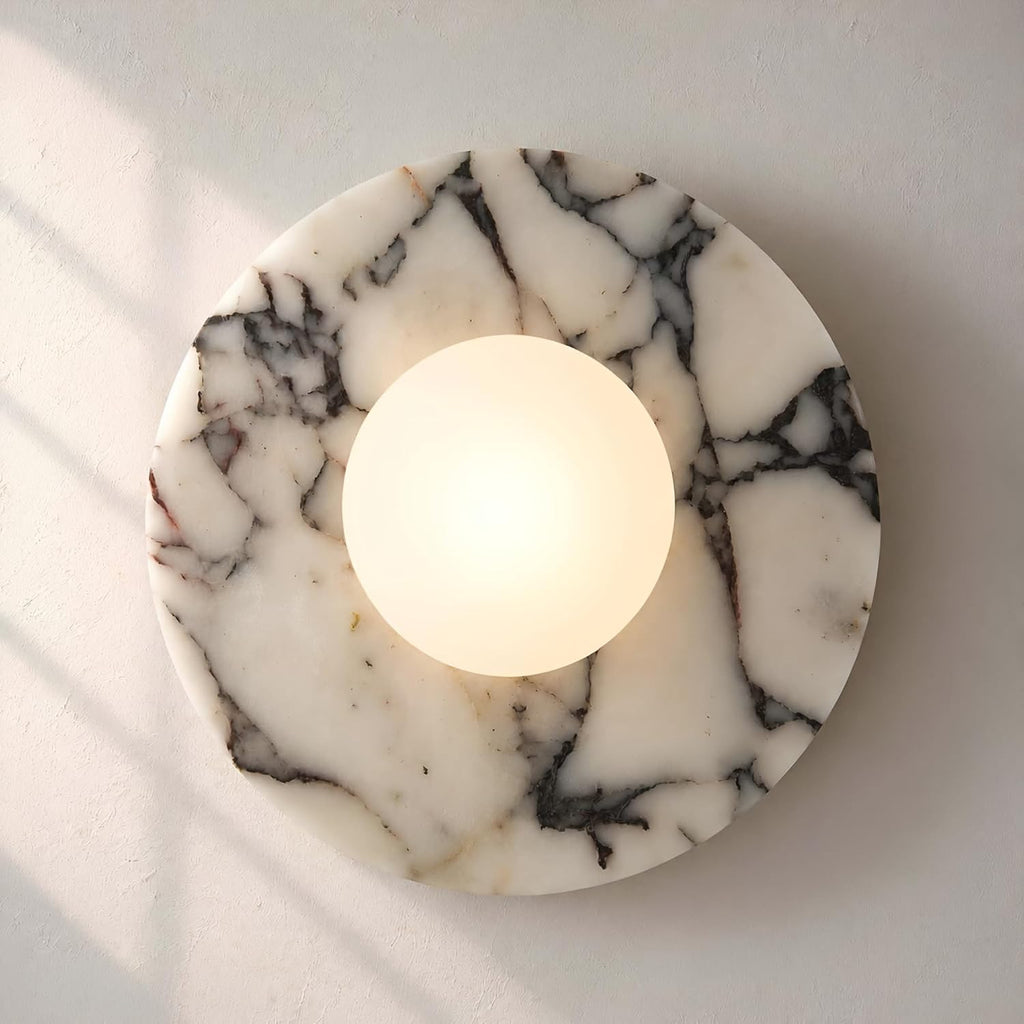 Natural Alabaster Wall Sconce Round Marble Sconce Bathroom Vanity Light | Modern Marble Stone Wall Mount Lamp with Glass Globe Hardwired Wall Light for Living Room Dining Room Stair Bedroom Hallway