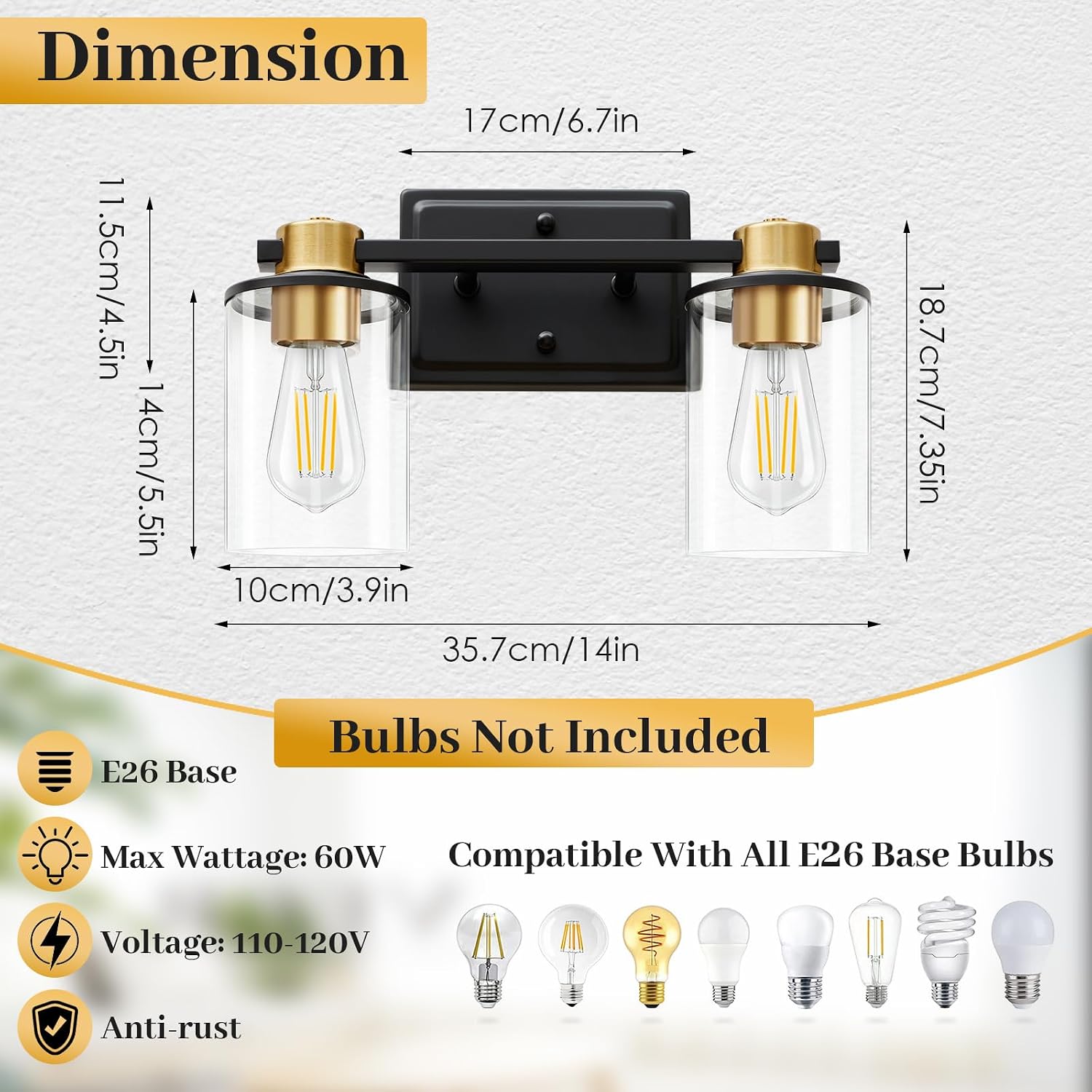 Bathroom Light Fixtures, 2-Light Black and Gold Vanity Lights for Bathroom | Bathroom Vanity Light with Clear Glass Shade, Modern Bathroom Lighting Fixtures Over Mirror for Bedroom Hallway Living Room