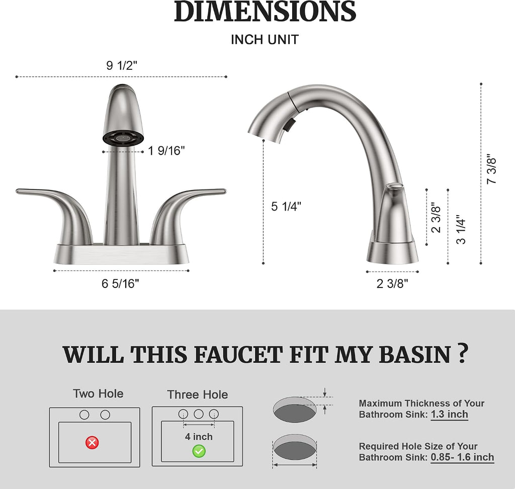 Ultimate Unicorn Pull Down Bathroom Sink Faucet, Brushed Nickel 4 Inch | Anti-Splash, Centerset Vanity Faucets 3 Hole with Pop Up Drain, Two Handle Modern Washbasin Tap Set with Sprayer for Restroom