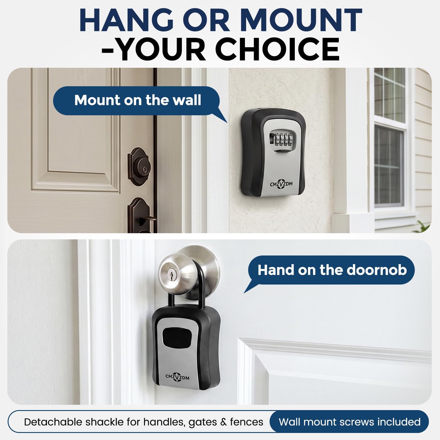 Key Lock Box with Code, 4-Digit Combination, Wall Mount, Large Capacity | Metal Weather-Resistant Shell and Removable Shackle for Outdoor Use at Homes, Garages, and Rentals, Gray, 1 Pack
