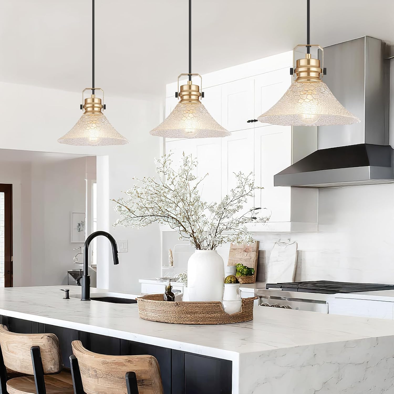 Glass Pendant Lights Kitchen Island 2 Pack Pendant Light Fixtures with Wave Glass Modern Adjustable Hanging Light for Kitchen Sink Dining Room Bedroom