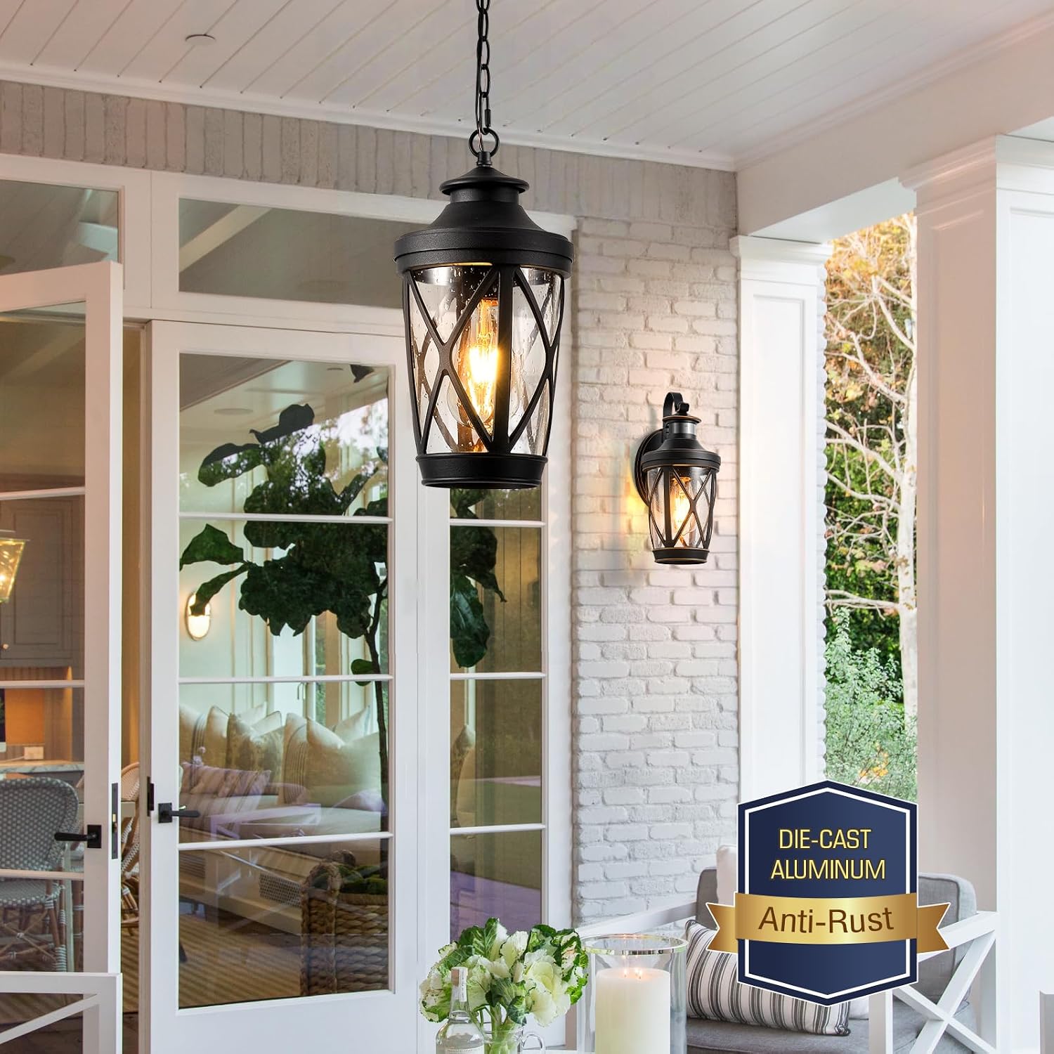 VIANIS Outdoor Hanging Lights, Black Outside Pendant Light with Adjustable Chain, Anti-rust Front Porch Ceiling Light, Waterproof Hanging Light Fixtures, Outdoor Chandelier for Gazebo, Patio, Entryway