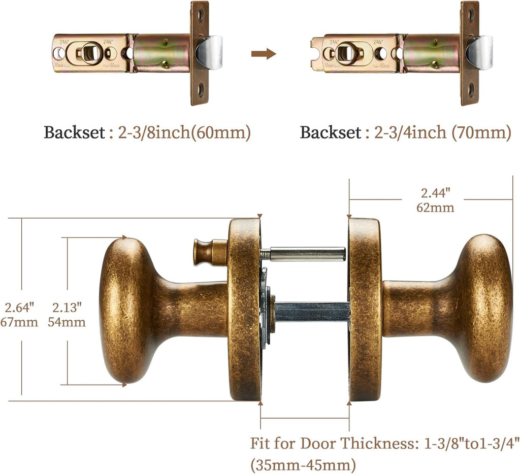 Antique Brass Door Knob with Push-Button Lock - Durable & Elegant Privacy Door Handle for Interior Doors, Classic Round Design for Bedroom Bathroom Doors (Privacy)