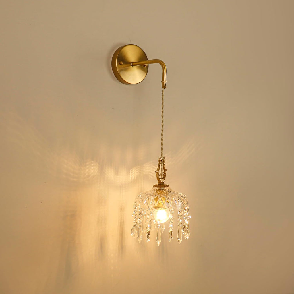 Vintage Crystal Wall Sconce, Brass Finish Pendant Light Fixture with Hanging Crystals, Elegant Diamond Cut Glass Shade (1, S)