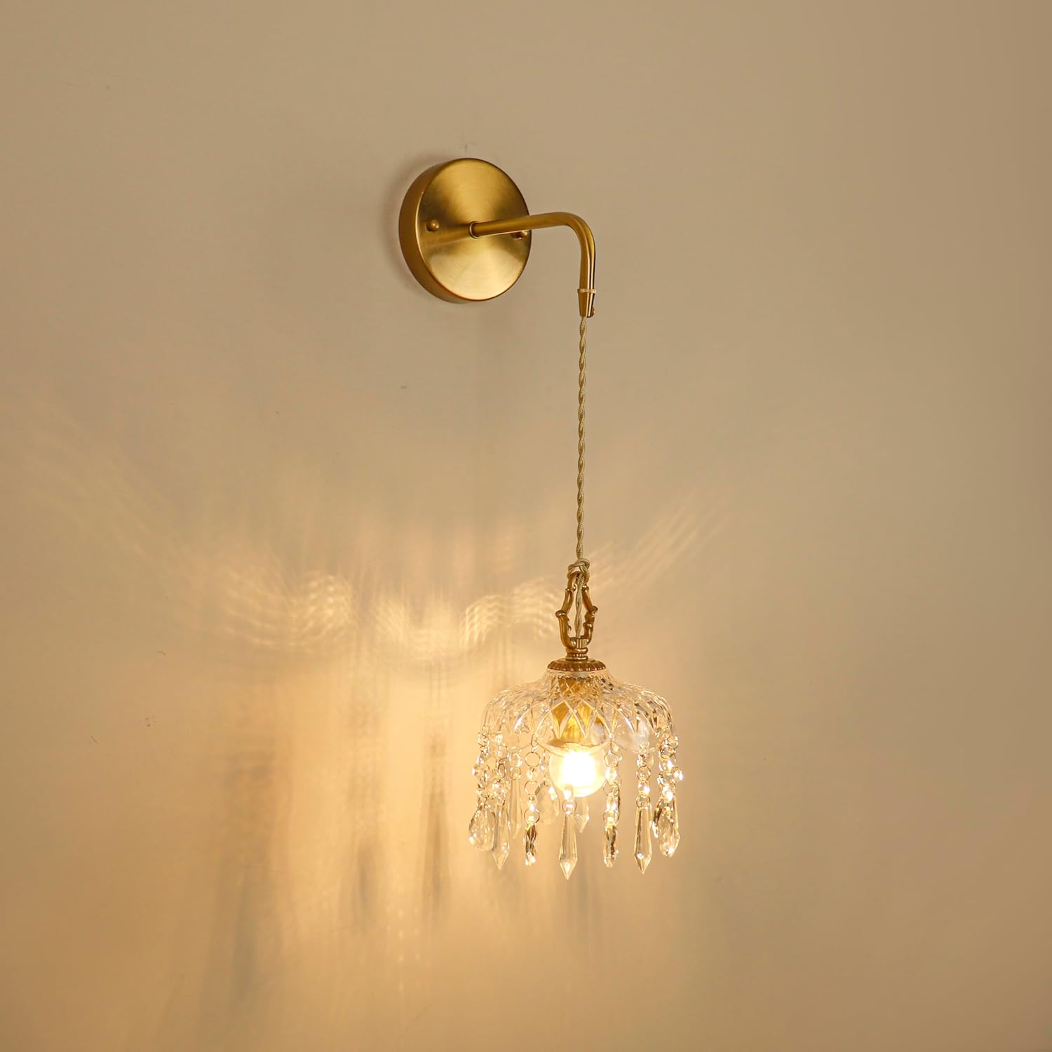 Vintage Crystal Wall Sconce, Brass Finish Pendant Light Fixture with Hanging Crystals, Elegant Diamond Cut Glass Shade (1, S)