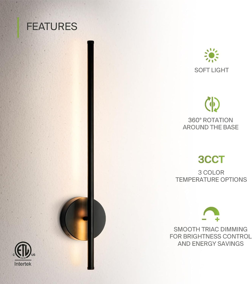 ASD LED 24" Linear Tube Wall Sconce, Modern Bathroom Light Bar | 3CCT, 360° Rotatable, Dimmable, ETL Listed | 8W 420LM 3000-5000K 100-277V | Bedroom, Hallway Vanity Lighting | Black