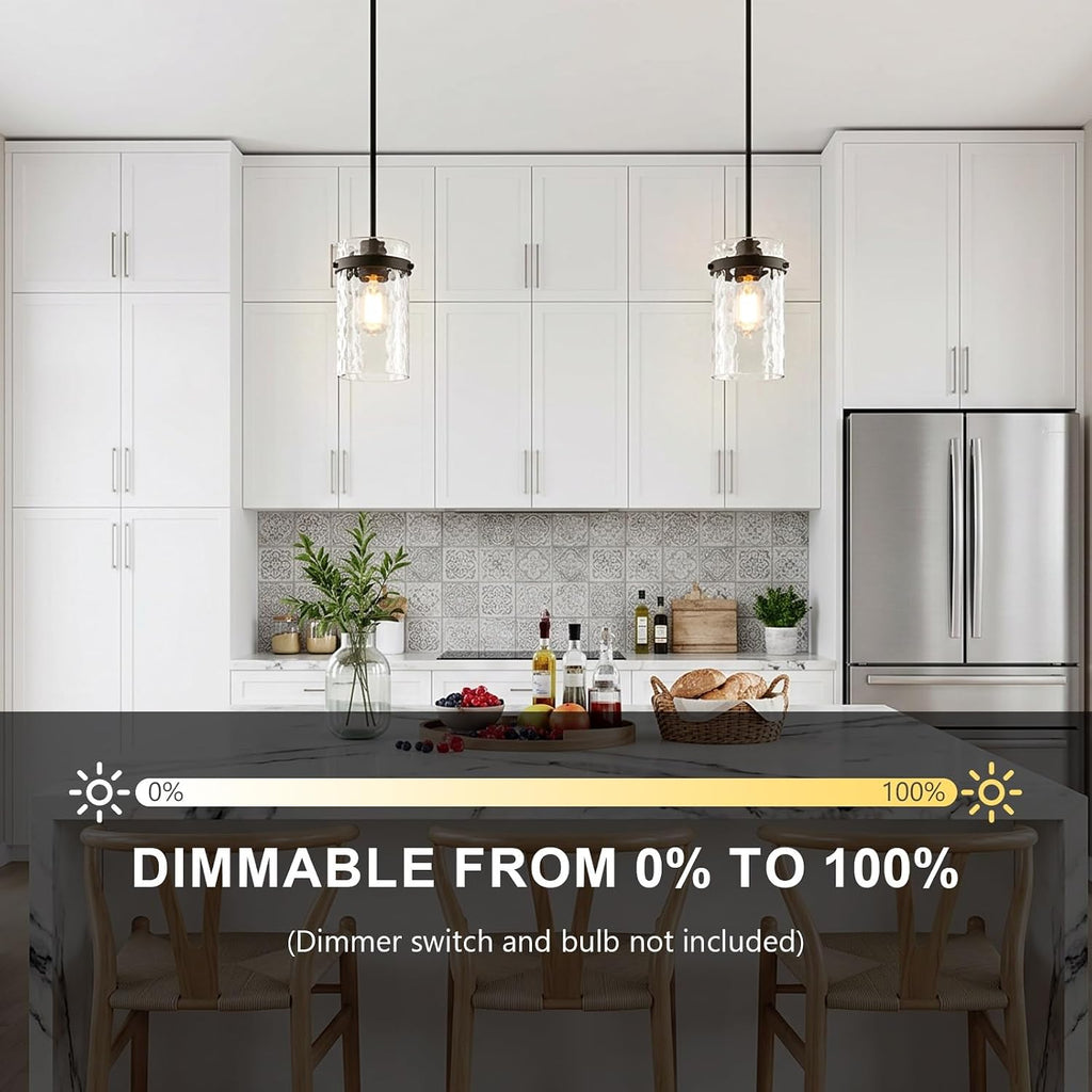 Refice Pendant Lights Kitchen Island, Black Hanging Lighting with Hammered Glass, Modern Mini Pendant Light Fixture for Dining Room Bedroom, 1 Pack