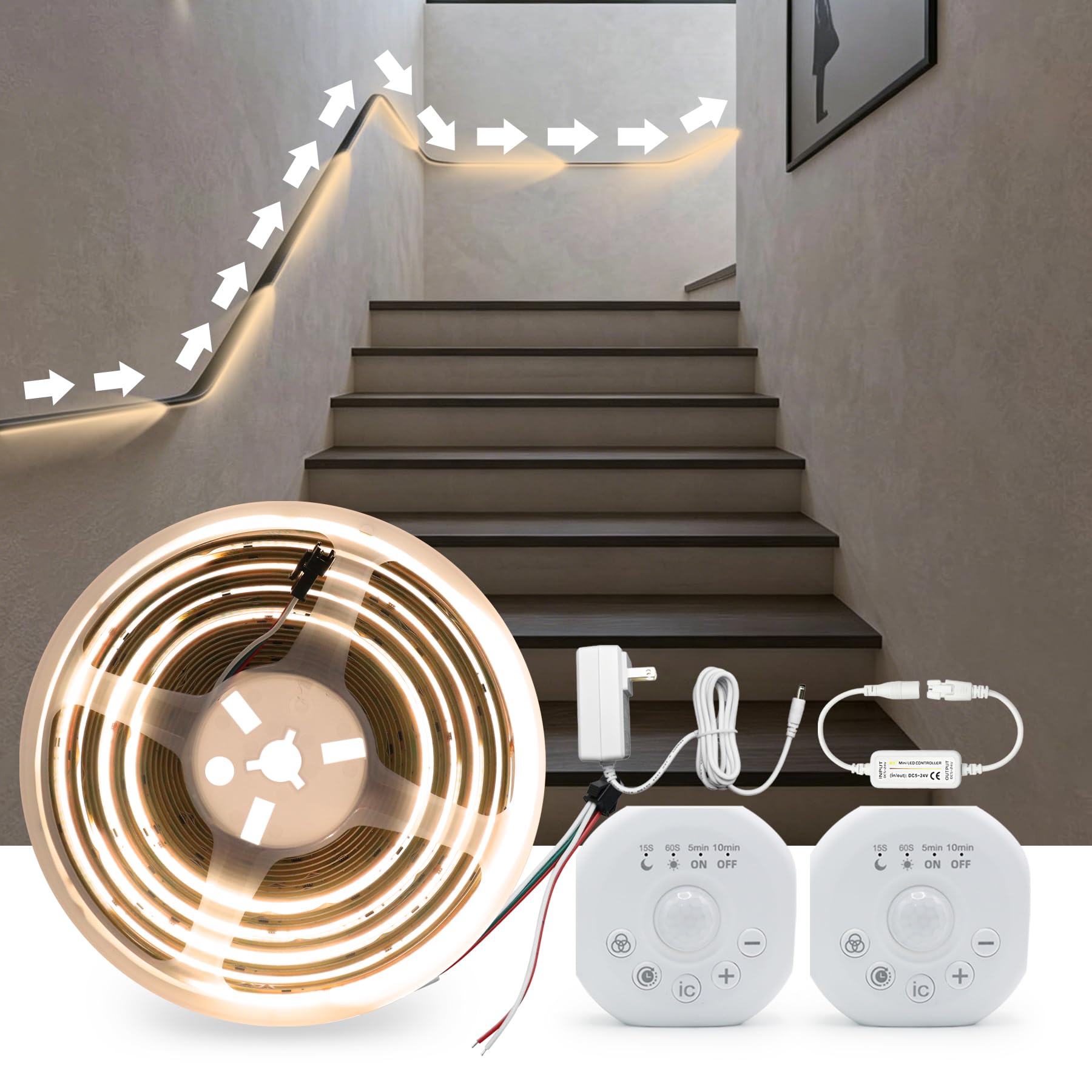 2 Motion Sensor Indoor COB LED Stair Light Strip with Timer & Scene Change Delay Button, Dual Sensor Handrail Stair Lights, Mini LED Controller for Hallway & Walkway (White-6500K, 32.8FT)