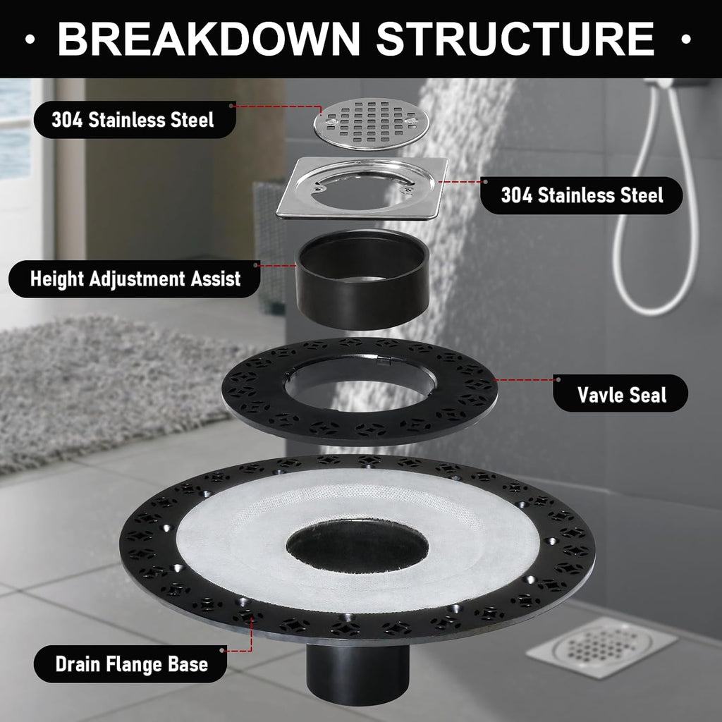 Shower Drain Kit 2 Inch Integrated Shower Flange Kit | Compatible with Schluter Kerdi Drain Systems, ABS Shower Drain Base Flange,304 Stainless Steel 4'' Drain Grate