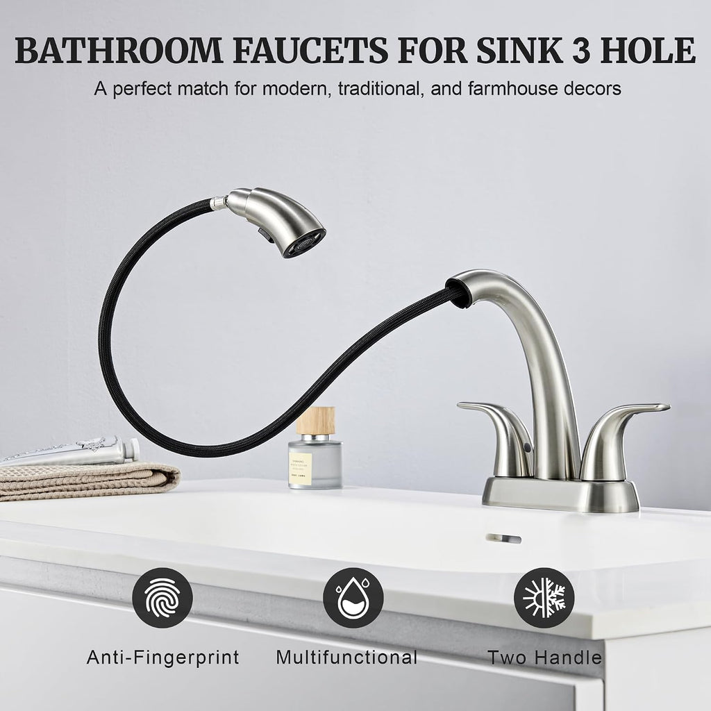 Ultimate Unicorn Pull Down Bathroom Sink Faucet, Brushed Nickel 4 Inch | Anti-Splash, Centerset Vanity Faucets 3 Hole with Pop Up Drain, Two Handle Modern Washbasin Tap Set with Sprayer for Restroom