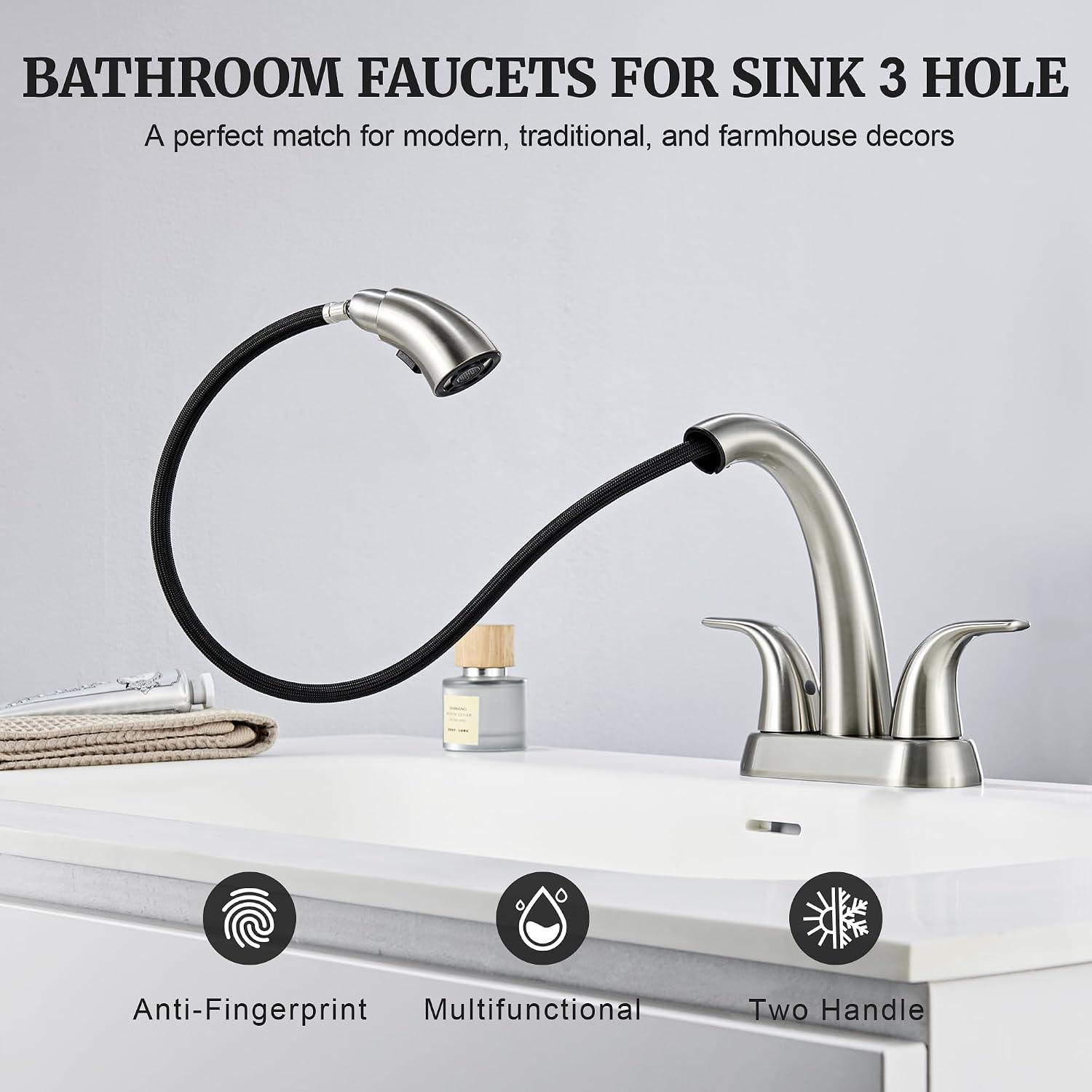 Ultimate Unicorn Pull Down Bathroom Sink Faucet, Brushed Nickel 4 Inch | Anti-Splash, Centerset Vanity Faucets 3 Hole with Pop Up Drain, Two Handle Modern Washbasin Tap Set with Sprayer for Restroom