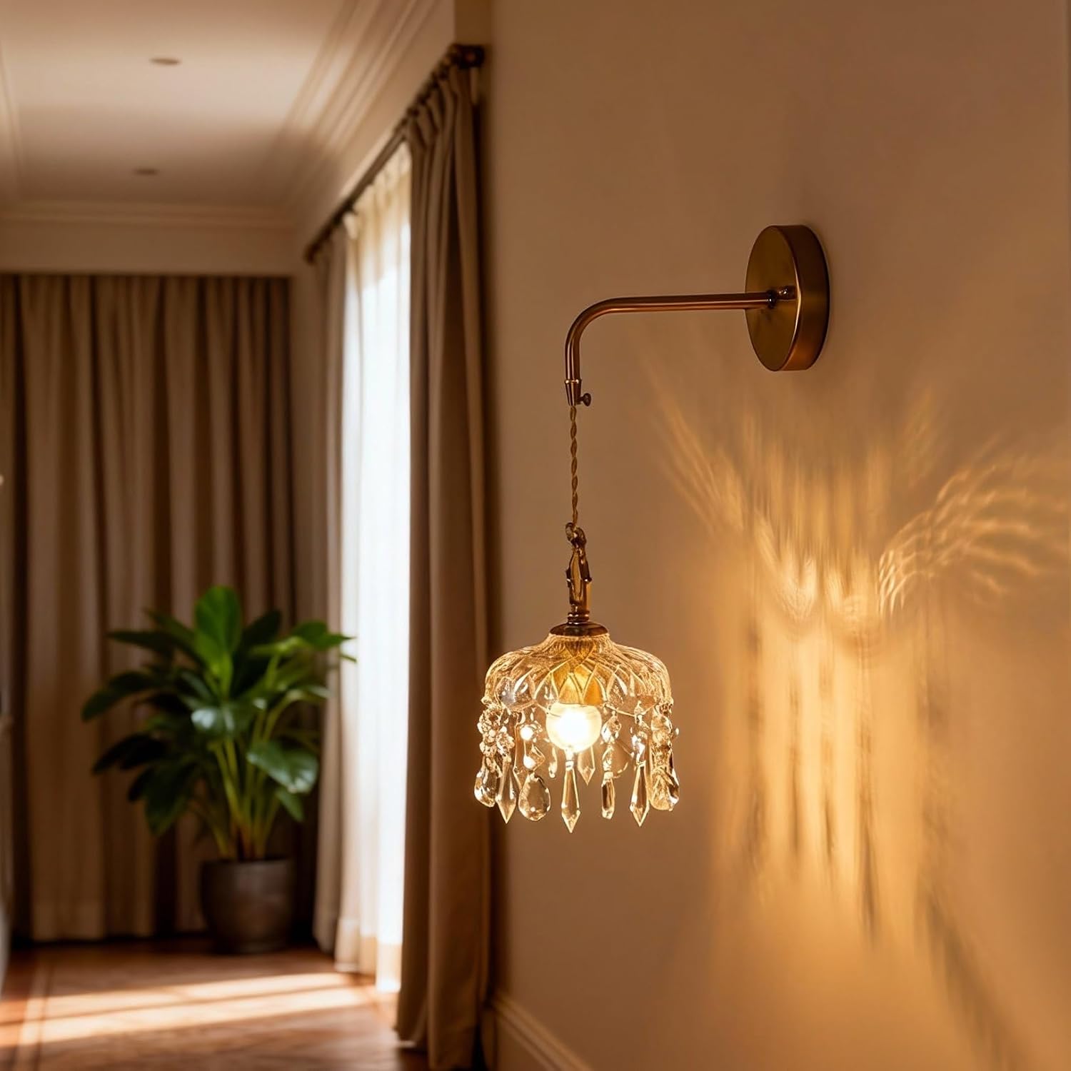 Vintage Crystal Wall Sconce, Brass Finish Pendant Light Fixture with Hanging Crystals, Elegant Diamond Cut Glass Shade (1, S)