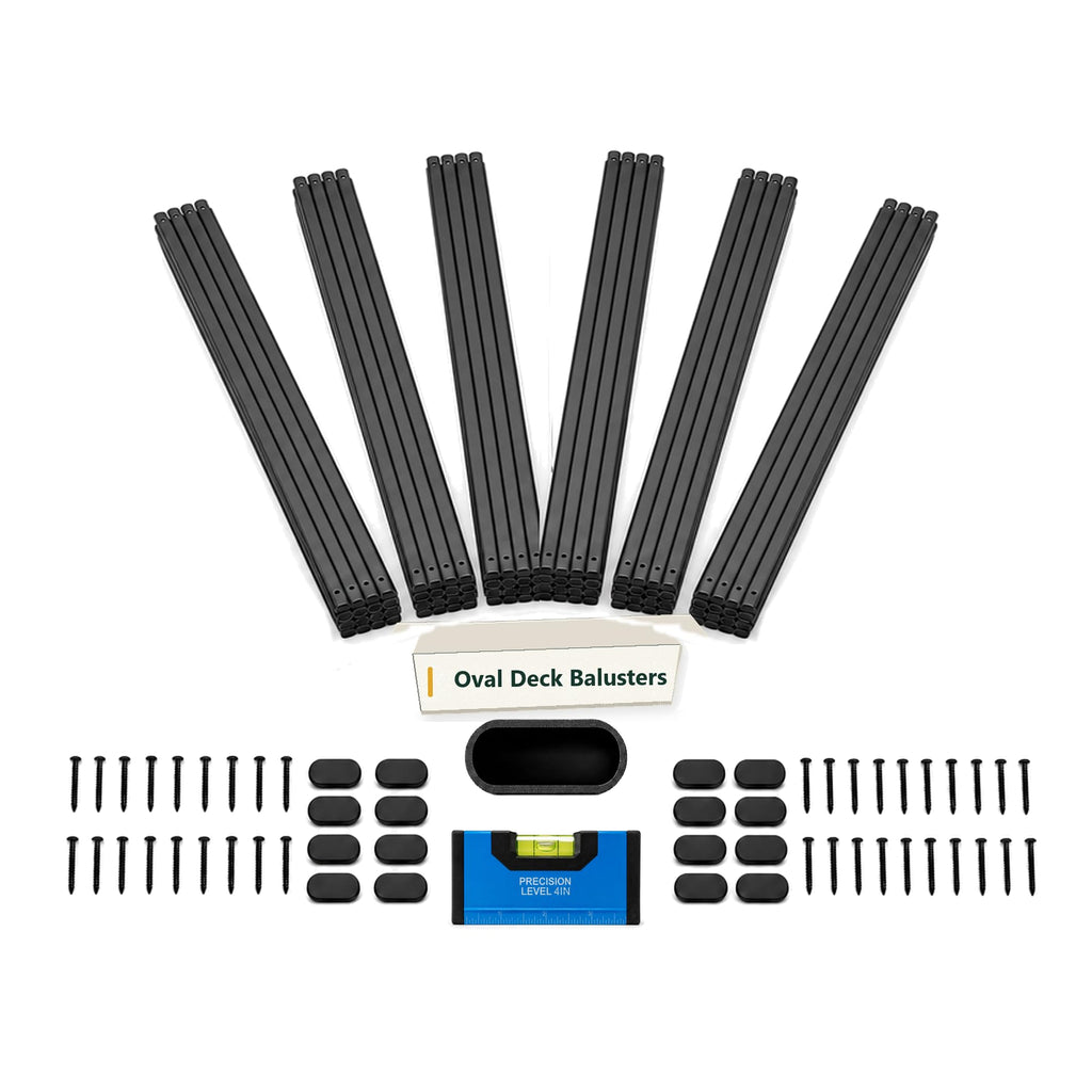 ZONEGRACE 100 Pack 38 Inch Metal Deck Balusters, Smooth Oval Black Railing Spindles and Pickets for Face Mount Wood Porch Rails, with Bubble Level Spacing Gauge, Pre-Installed End Plugs and Screws
