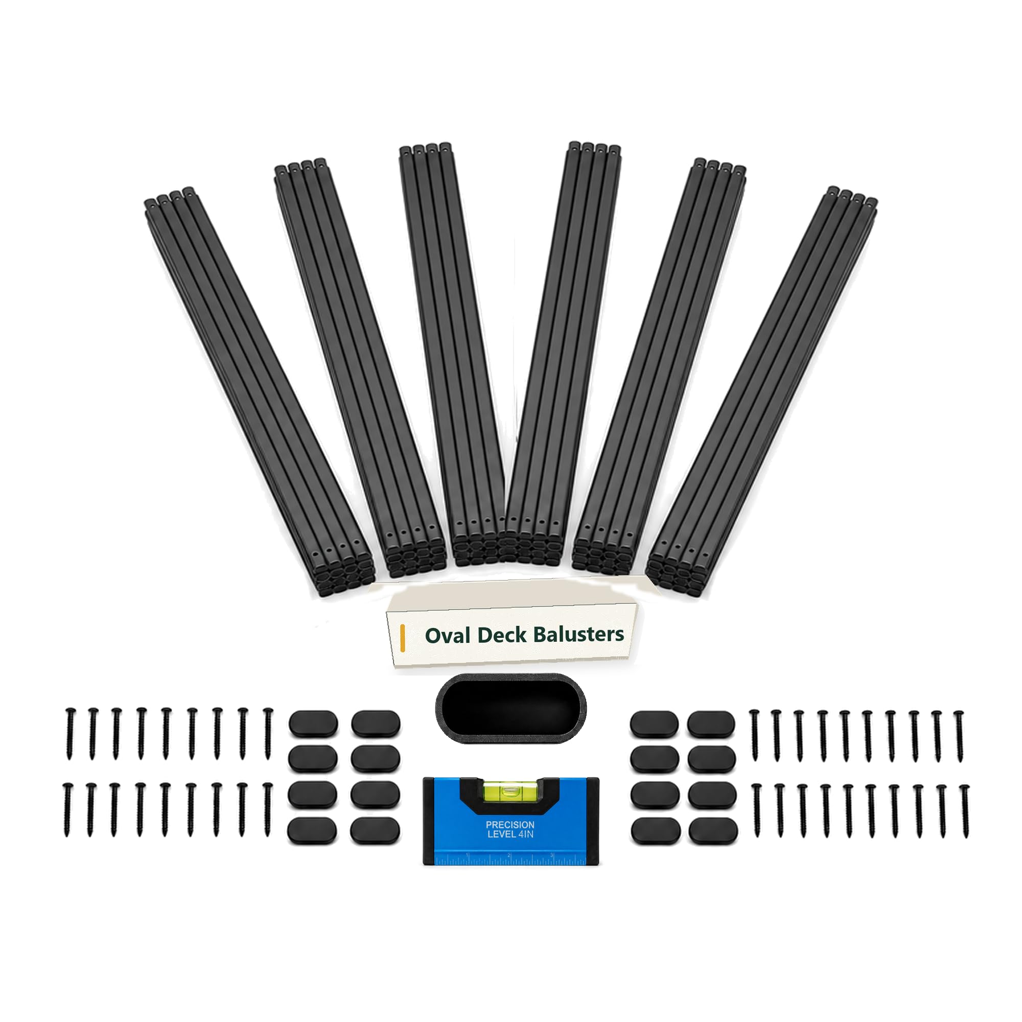 ZONEGRACE 100 Pack 38 Inch Metal Deck Balusters, Smooth Oval Black Railing Spindles and Pickets for Face Mount Wood Porch Rails, with Bubble Level Spacing Gauge, Pre-Installed End Plugs and Screws