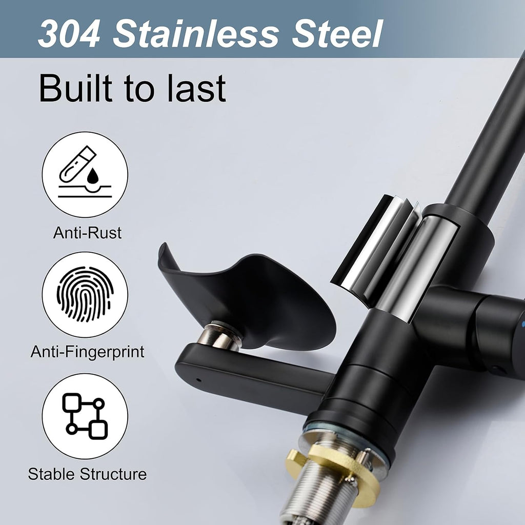Matte Black Kitchen Faucet with Glass Rinser, Pull Down Sprayer with 3 Water Modes, Single Handle Stainless Steel Kitchen Sink Faucet with Deck Plate, Modern High Arc Design
