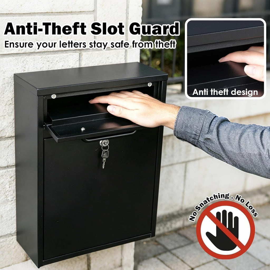Wall Mount Mailbox for Outside, 16 Inch Drop Box Anti-Theft Heavy Duty Locking Mailbox with 2 Keys for Houses & Apartment, 11.4 x 4.7 x 16 Inches, Black