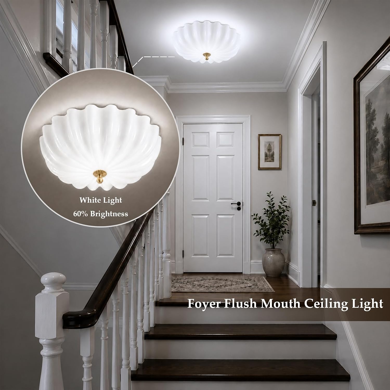 Gold Flush Mount Ceiling Light - 16″ Dimmable LED Milk Glass Light Fixture | Handcrafted Opal Glass and Solid Brass Light with Remote Control - A Luxury Choice for Bedroom Hallway Schoolhouse and Foyer