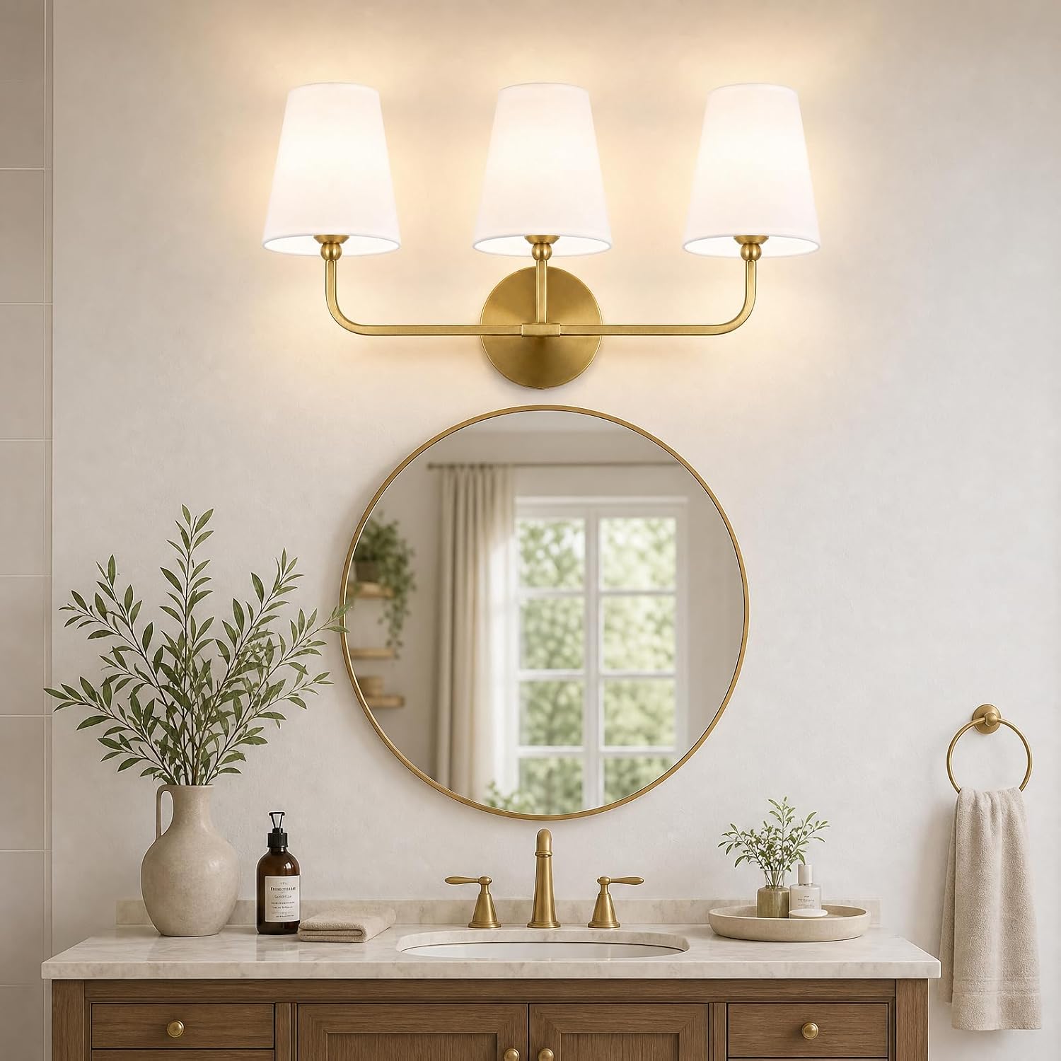 Bathroom Light Fixtures,3-Light Brushed Gold Vanity Lights,Lighting Fixtures Over Mirror with White Flared Fabric Shade,Modern Wall Sconce for Bathroom,Bedroom,Living Room,E26 Socket