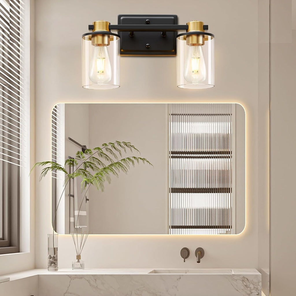 Bathroom Light Fixtures, 2-Light Black and Gold Vanity Lights for Bathroom | Bathroom Vanity Light with Clear Glass Shade, Modern Bathroom Lighting Fixtures Over Mirror for Bedroom Hallway Living Room
