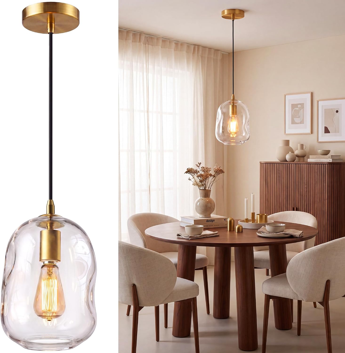 NIORSUN 1 Pack Pendant Lights Kitchen Island, Gold Pendant Light Fixtures with Clear Thick Glass Shade, Modern Hanging Ceiling Lights for Kitchen, Bathroom, Bedroom and Dining Room