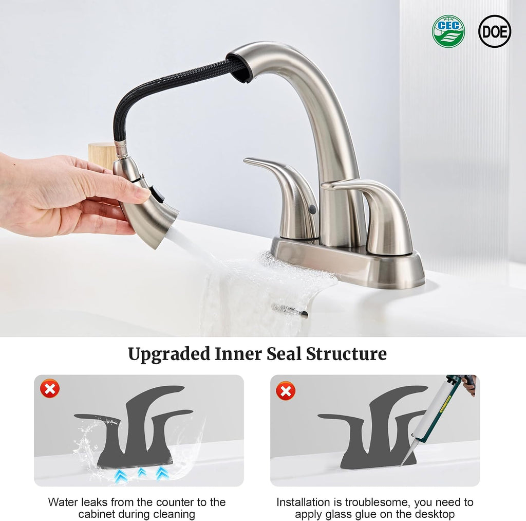 Ultimate Unicorn Pull Down Bathroom Sink Faucet, Brushed Nickel 4 Inch | Anti-Splash, Centerset Vanity Faucets 3 Hole with Pop Up Drain, Two Handle Modern Washbasin Tap Set with Sprayer for Restroom