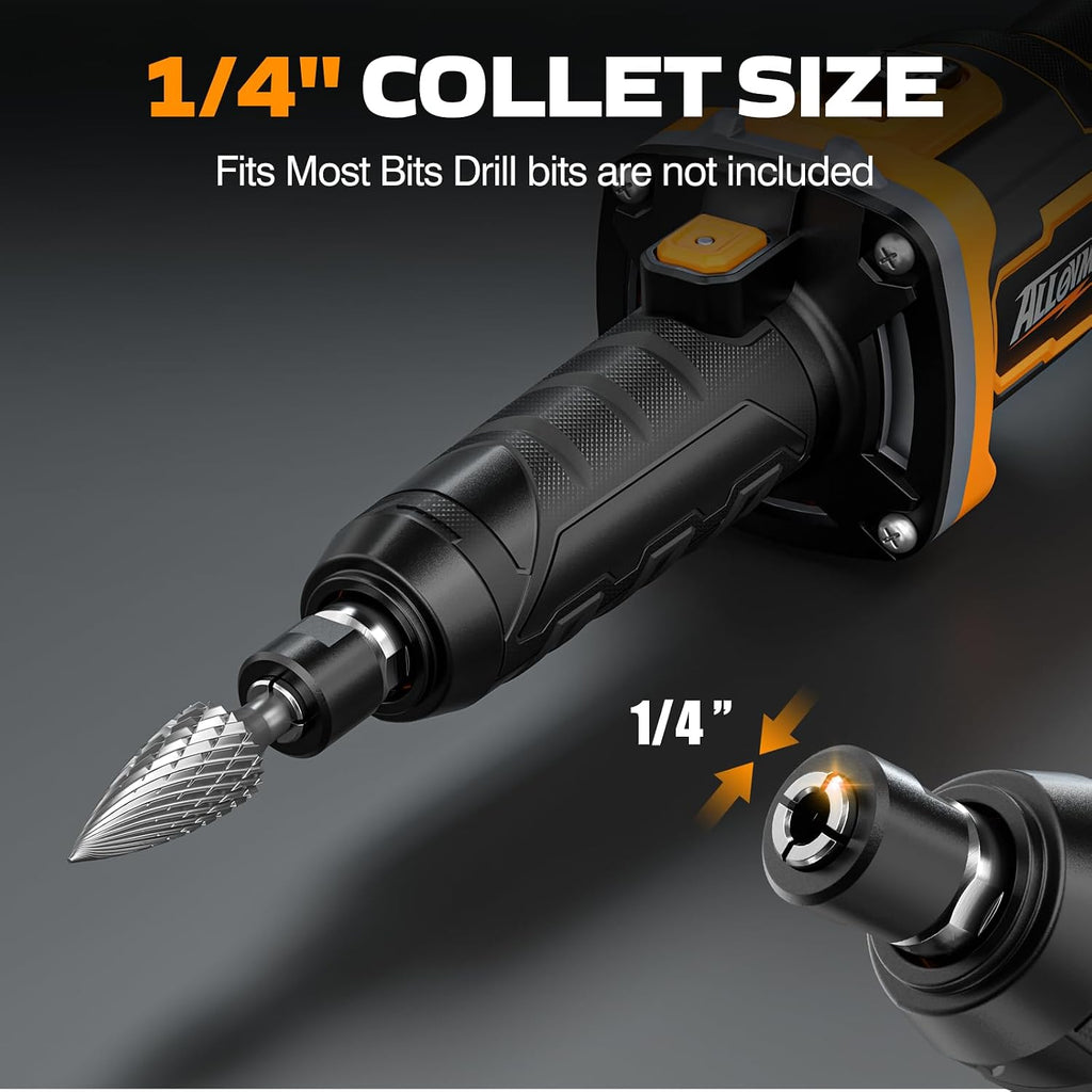 Alloyman 20V Cordless Die Grinder, 3-Speed 13000/19000/25000RPM Brushless Motor, 1/4" Collet, 2x4.0Ah Lithium Batteries & Fast Charger, for Metal/Wood/Plastic Grinding, Cutting, Polishing, Sanding