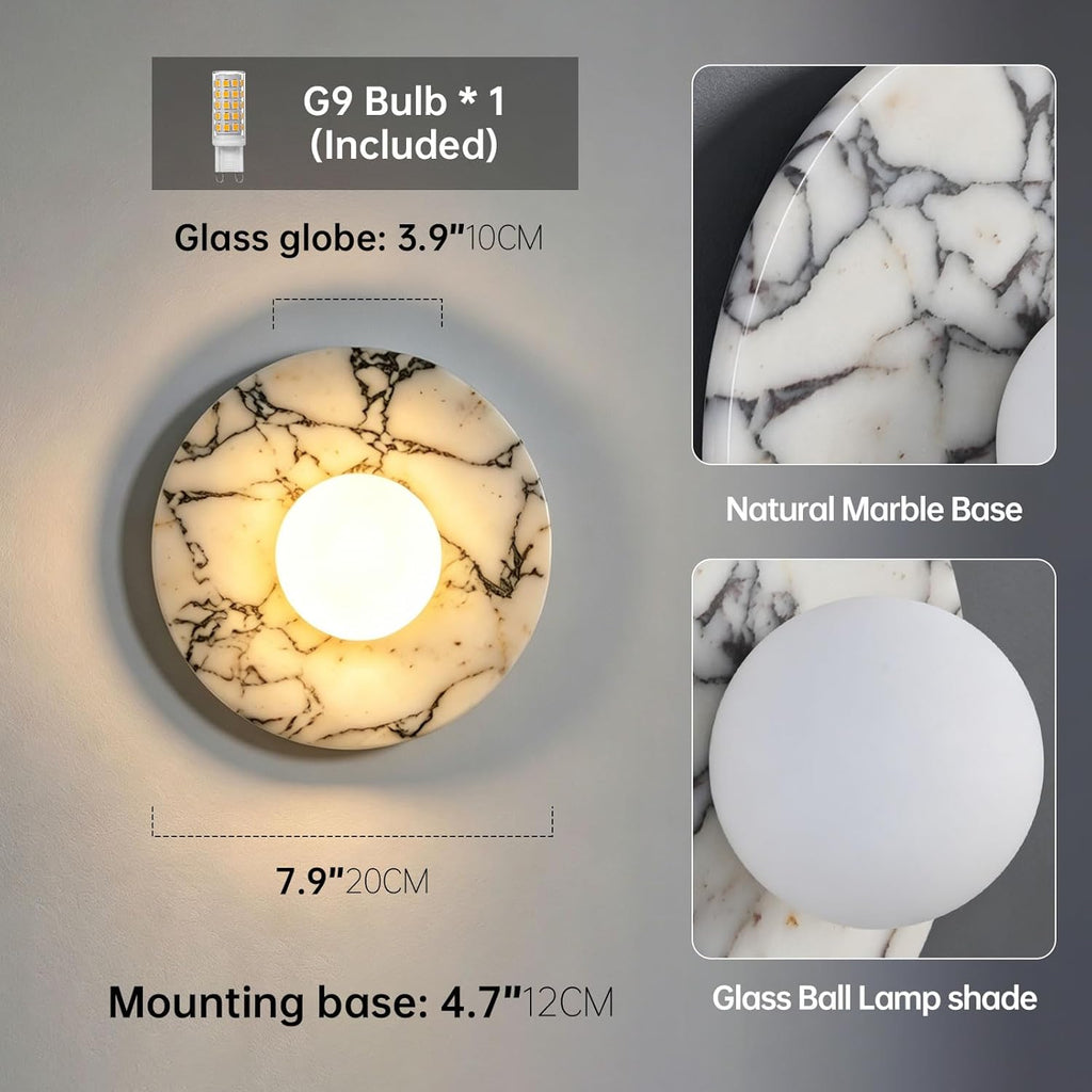 Natural Alabaster Wall Sconce Round Marble Sconce Bathroom Vanity Light | Modern Marble Stone Wall Mount Lamp with Glass Globe Hardwired Wall Light for Living Room Dining Room Stair Bedroom Hallway