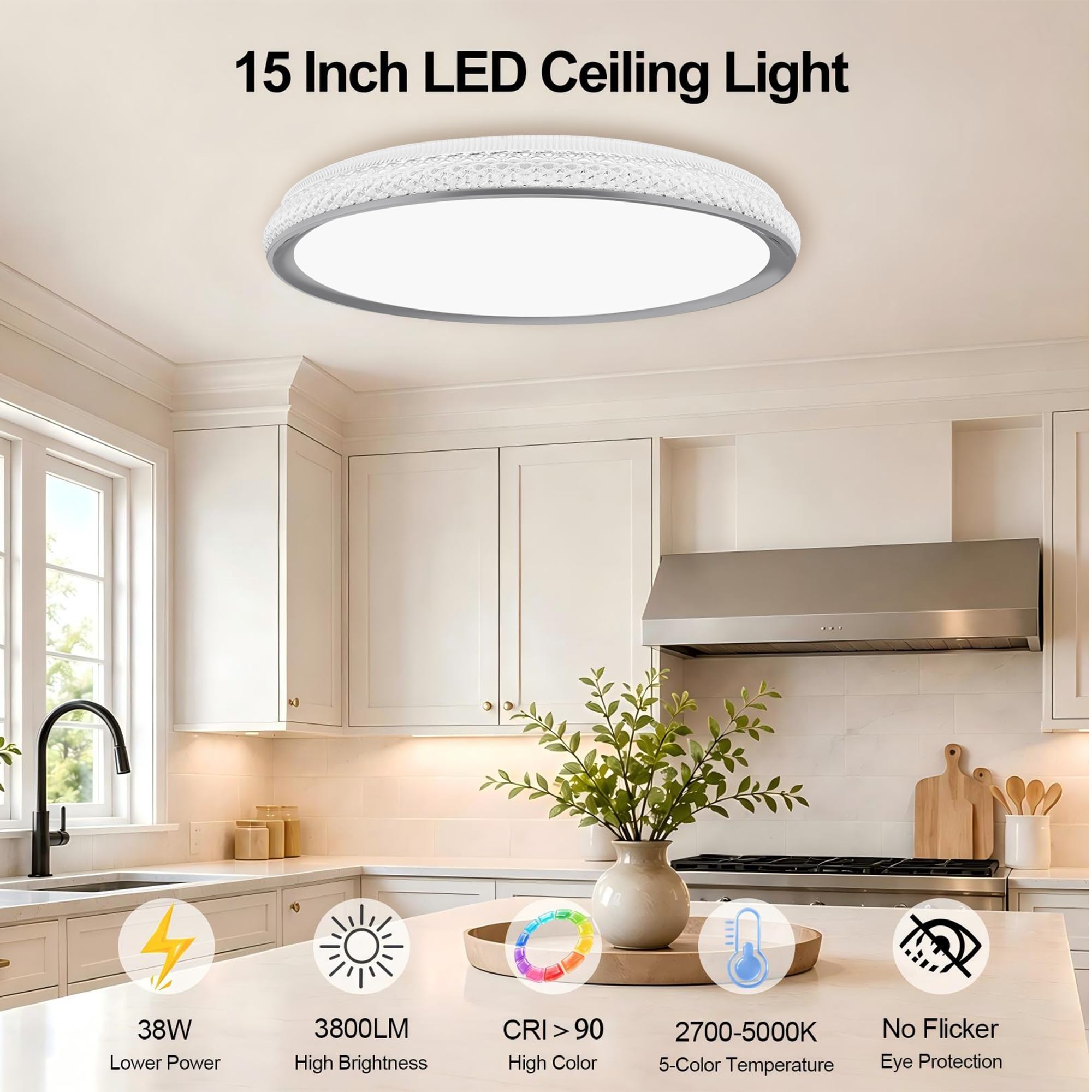 LED Flush Mount Ceiling Light, 38W 3800LM Dimmable, 15 in Low Profile, Gold | 2700K-5000K 5 Color Selectable, CRI 90+, Modern Round Close to Ceiling Light Fixtures for Kitchen Bedroom Bathroom Hallway
