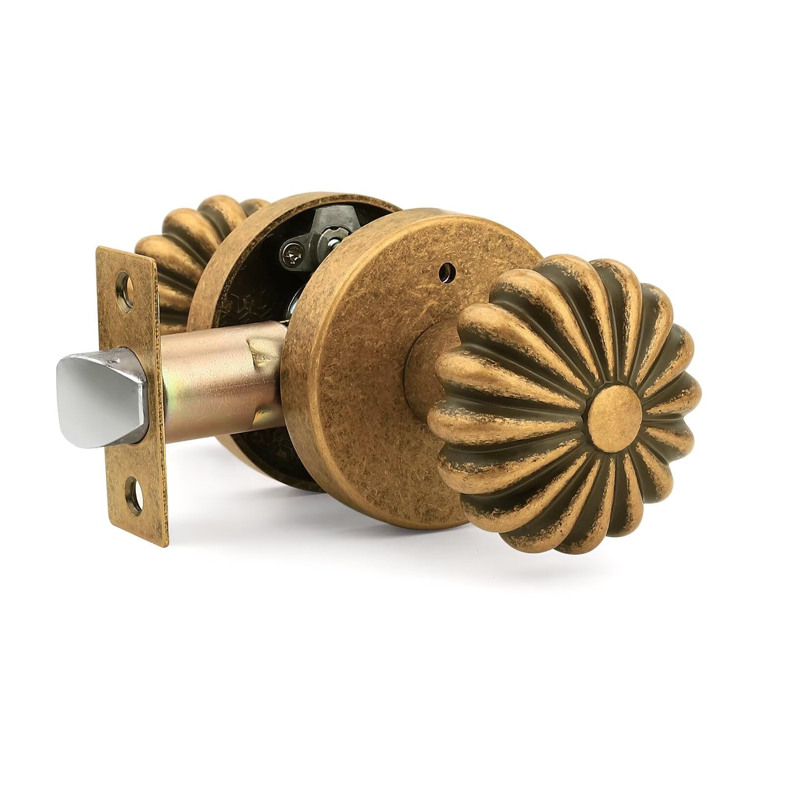 1 Pack Aged Brass Passage Door Knob, Interior Closet Door Knob Without Lock, Vintage Floral Antique Brass Doorknobs