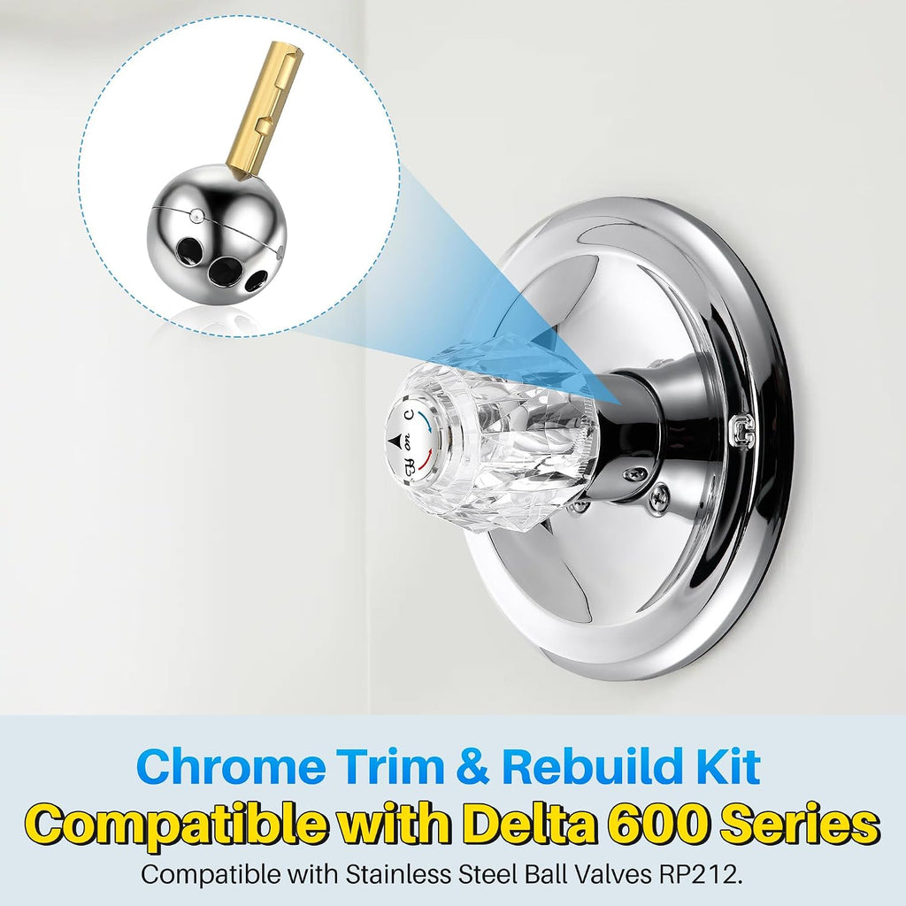 Trim Repair Kit Compatible with Delta RP54870 (Chrome) | Single Function Tub Shower Handle Renovation Trim Kit Compatible with Delta 600 Series Shower Valve, Acrylic Handle
