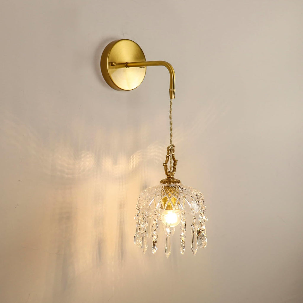 Vintage Crystal Wall Sconce, Brass Finish Pendant Light Fixture with Hanging Crystals, Elegant Diamond Cut Glass Shade (1, S)
