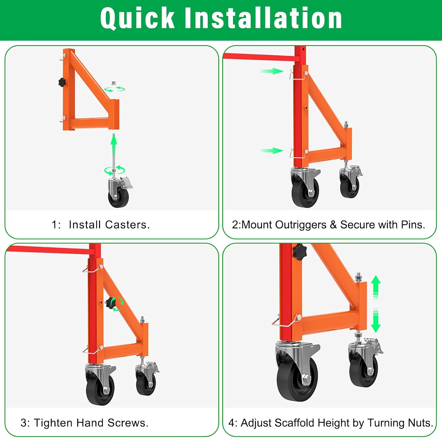 4-Pack Adjustable Scaffold Outriggers for Baker Scaffolding | Heavy Duty Scaffold Outriggers, Adjustable Height 5.7"–7.2", 4" Swivel Casters, 1000 lbs Capacity for Construction Work