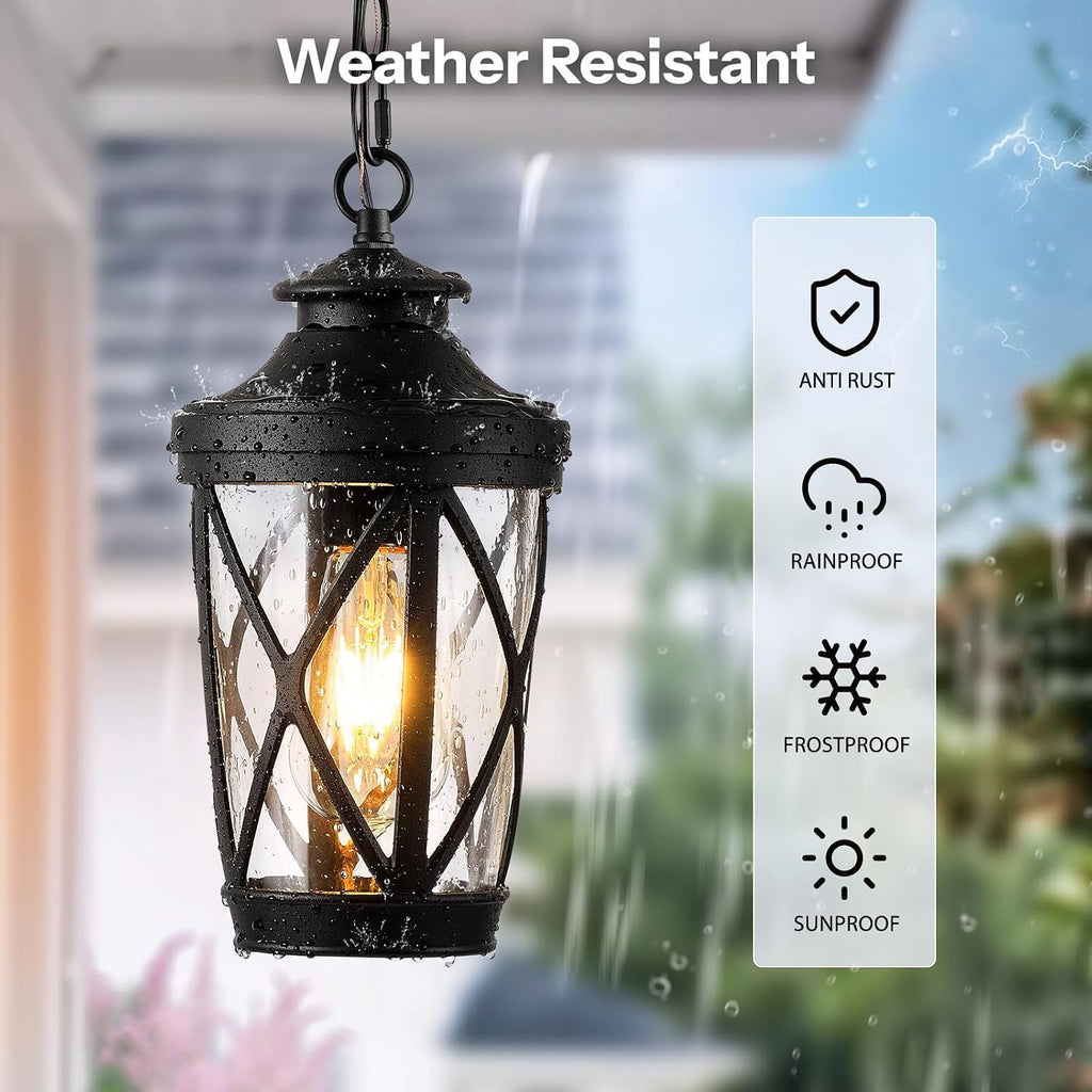 VIANIS Outdoor Hanging Lights, Black Outside Pendant Light with Adjustable Chain, Anti-rust Front Porch Ceiling Light, Waterproof Hanging Light Fixtures, Outdoor Chandelier for Gazebo, Patio, Entryway