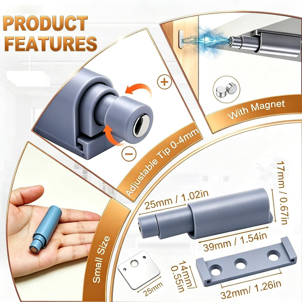 Small Magnetic Push Latch Push to Open Door Latch Cabinet Hardware 4 Pack ZKRIOC Touch Latch and Catch for Door, Magnet Push Release Heavy Duty Tip on Closet Close Strong Pop Out, Gray