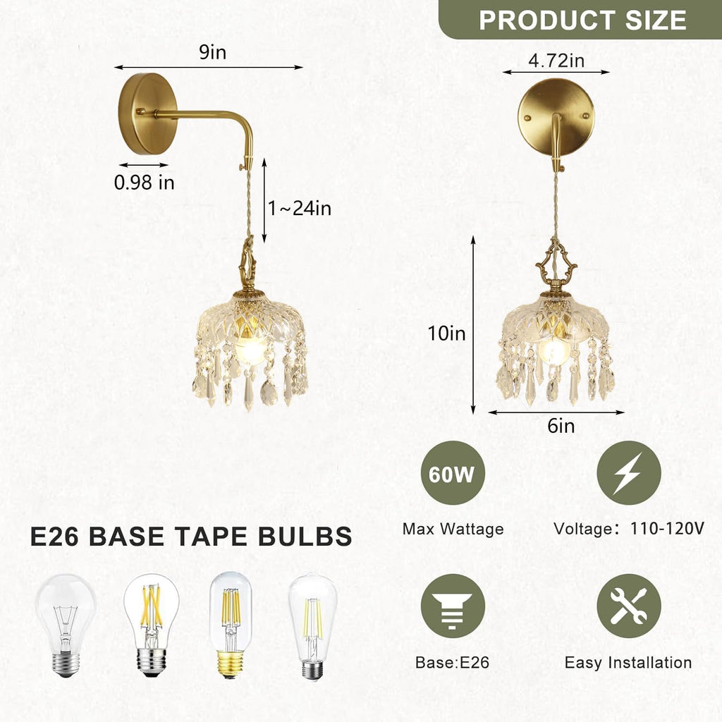 Vintage Crystal Wall Sconce, Brass Finish Pendant Light Fixture with Hanging Crystals, Elegant Diamond Cut Glass Shade (1, S)
