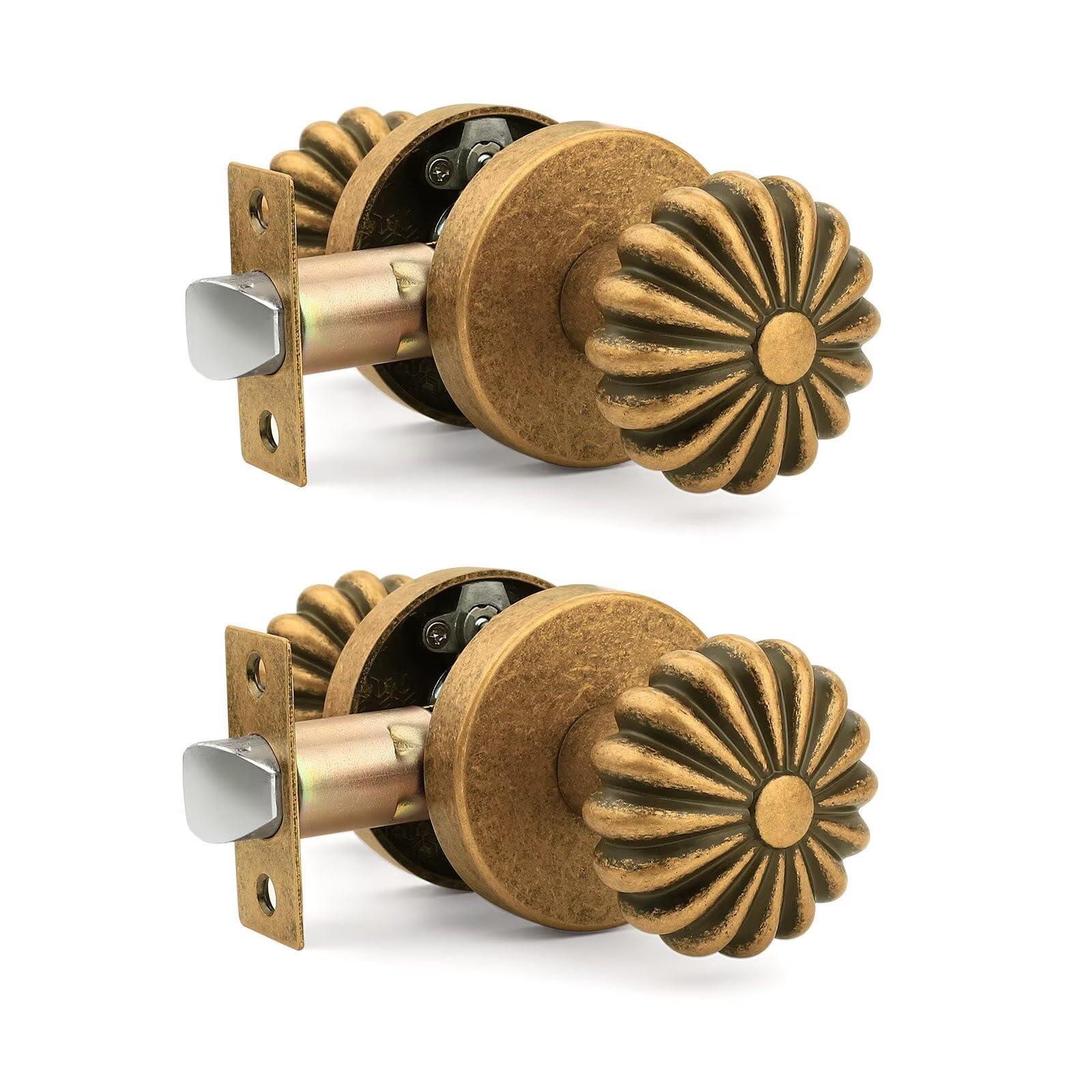 1 Pack Aged Brass Passage Door Knob, Interior Closet Door Knob Without Lock, Vintage Floral Antique Brass Doorknobs